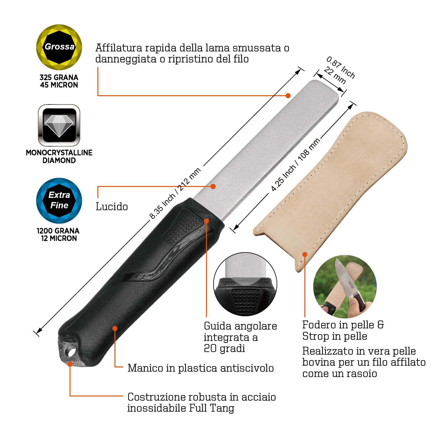 SHARPAL 127N pietra diamantata a doppia grana con strisce in pelle, affilatrice per coltelli, asce, lame di tosaerba, cesoie da giardino e tutti i bordi delle lame, grana grossa/extrafine 325/1200