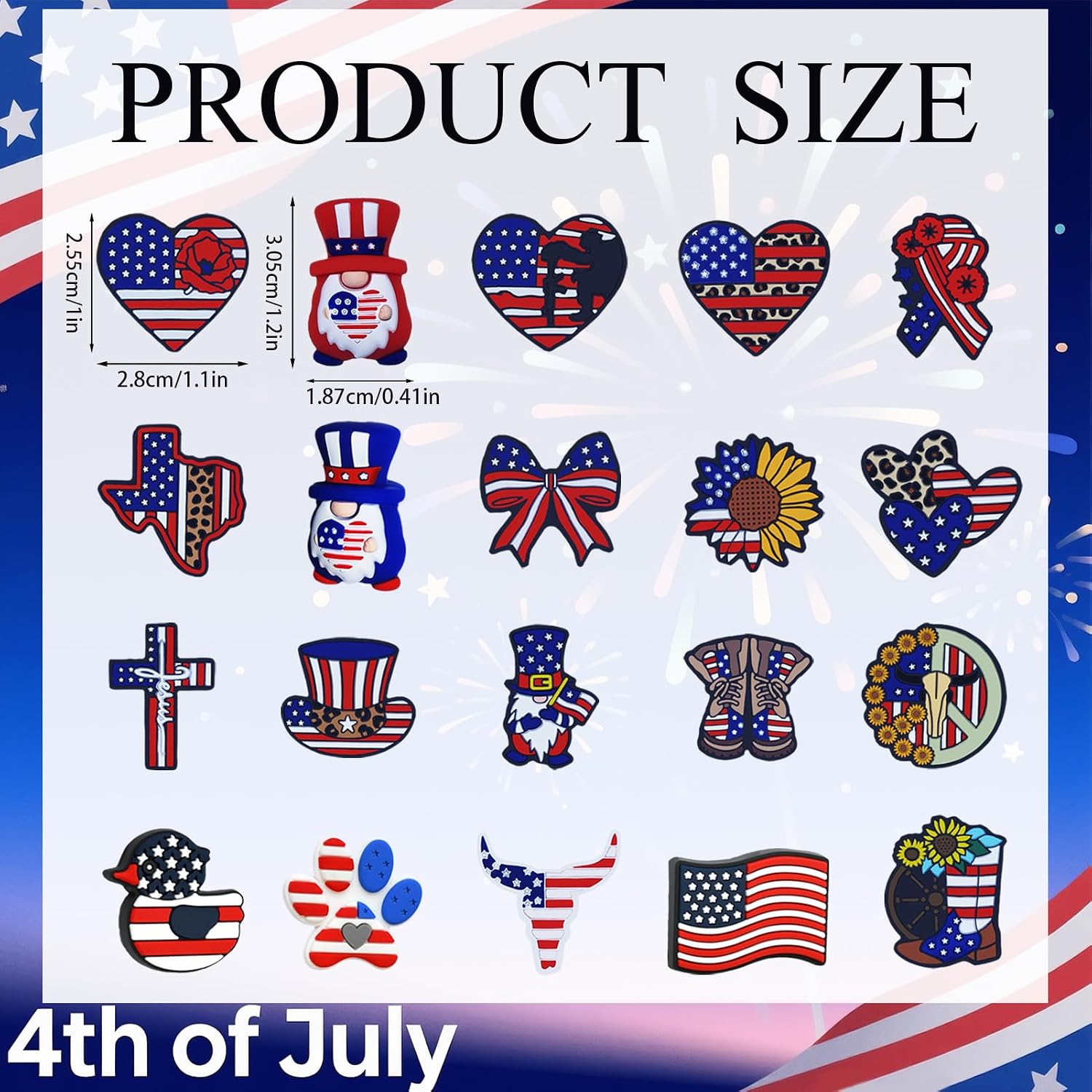 20pcs Independence Day Focal Beads, USA Patriotic Silicone Focal Beads 4th of July Focals Accessories Red White Blue American Flag Focal Bead for Pens Jewelry Keychain Bracelet Necklace Craft