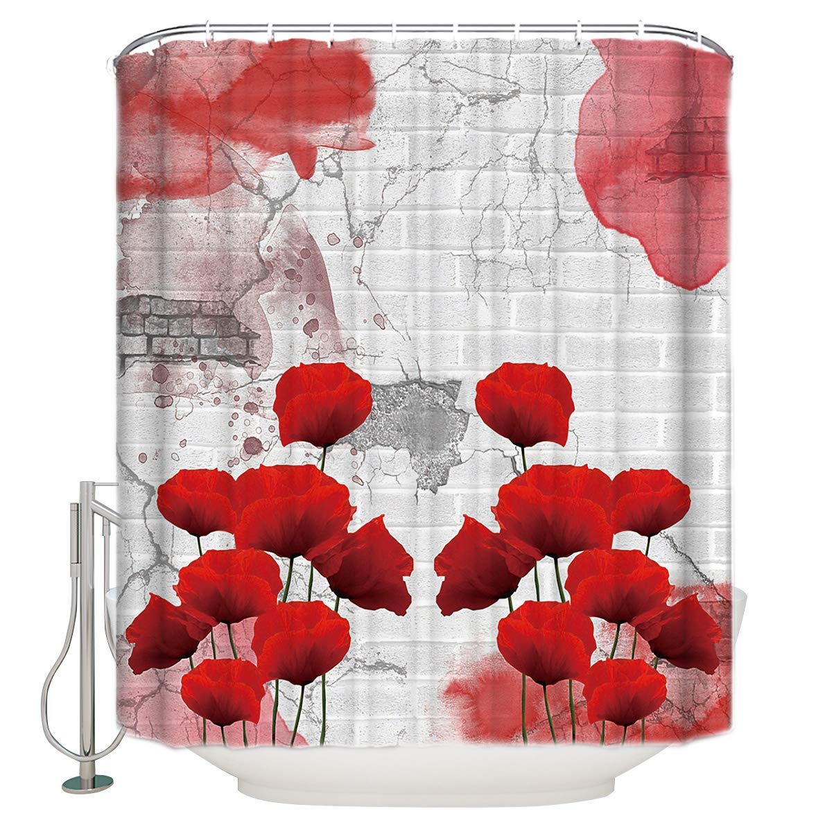 Amazon Assanu レンガの壁の赤いケシ 耐久性のある防水パターン 装飾 部屋の装飾 家 臭い 掃除 が簡単 シャワーカーテン バスルーム バスルーム ホテルのカーテンに適しています シャワーカーテン ホーム キッチン オンライン通販