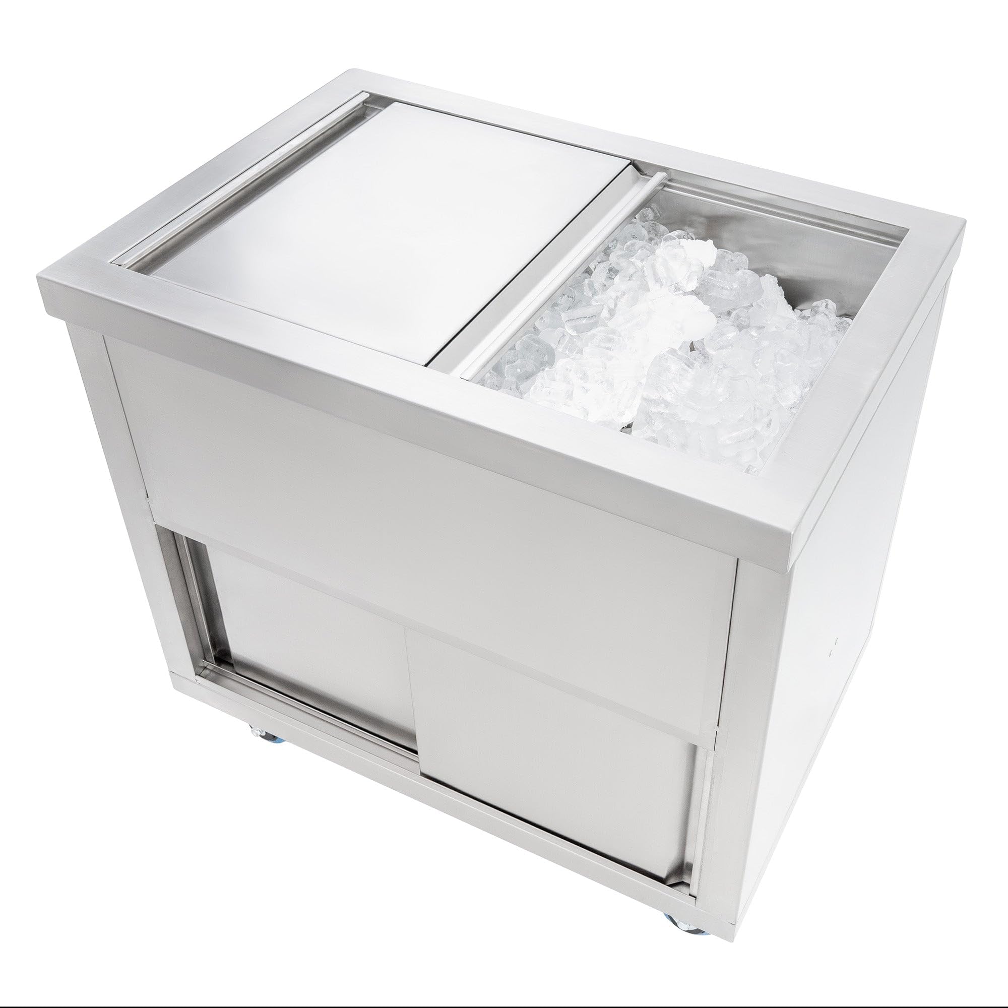 Estación de Coctelería Móvil Premium con Carro de Hielo 86L, Acero Inoxidable, Fregadero, Grifo 360°, Depósito 62L, Pizarra Magnética y Accesorios para Bares y Eventos