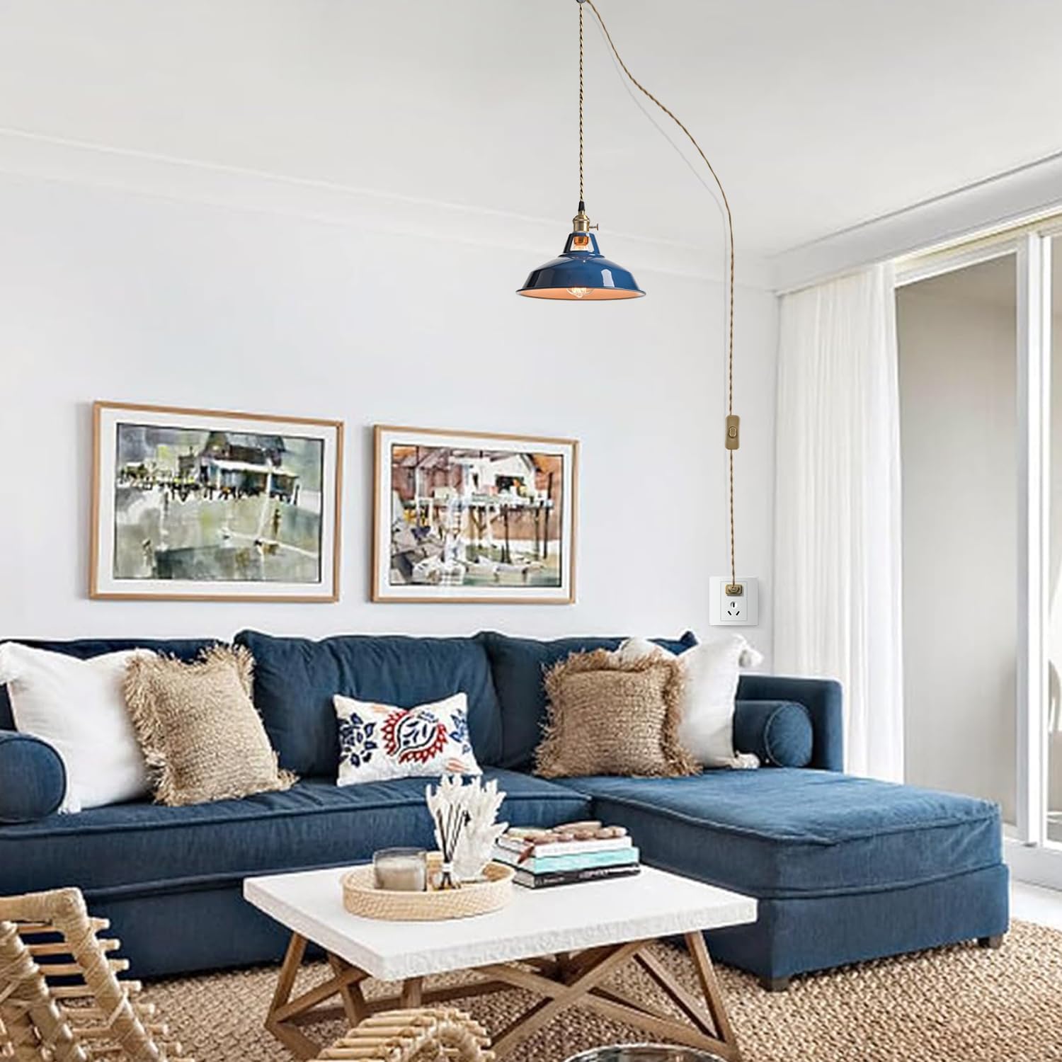 YUBOLE Farmhouse Plug-in Pendant Light-Dark Blue Barn Hanging Light Adjutable Hanging Cord with On-Off Switch Swag Lamp Renter Fridenly for Kitchen Bar Cafe Bedroom Loft
