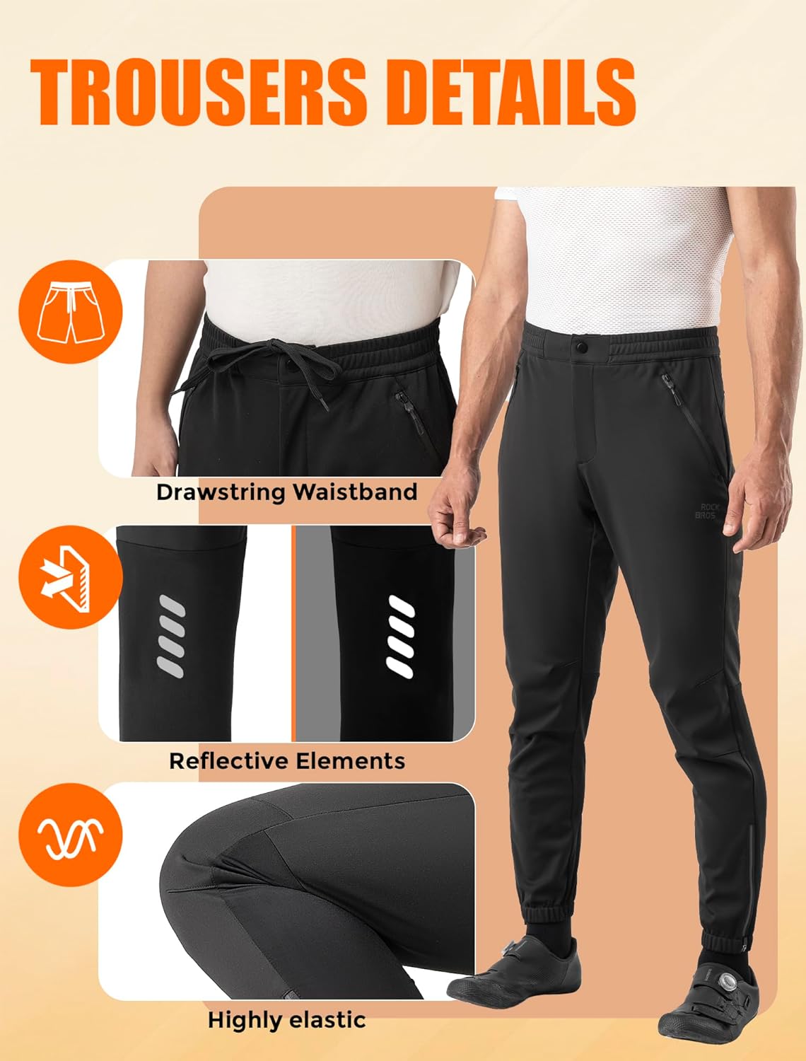 ROCKBROS Winter Cycling Pants for Men Cold Weather Bike Pants Drawstring Sports Jogger Pants for Mens