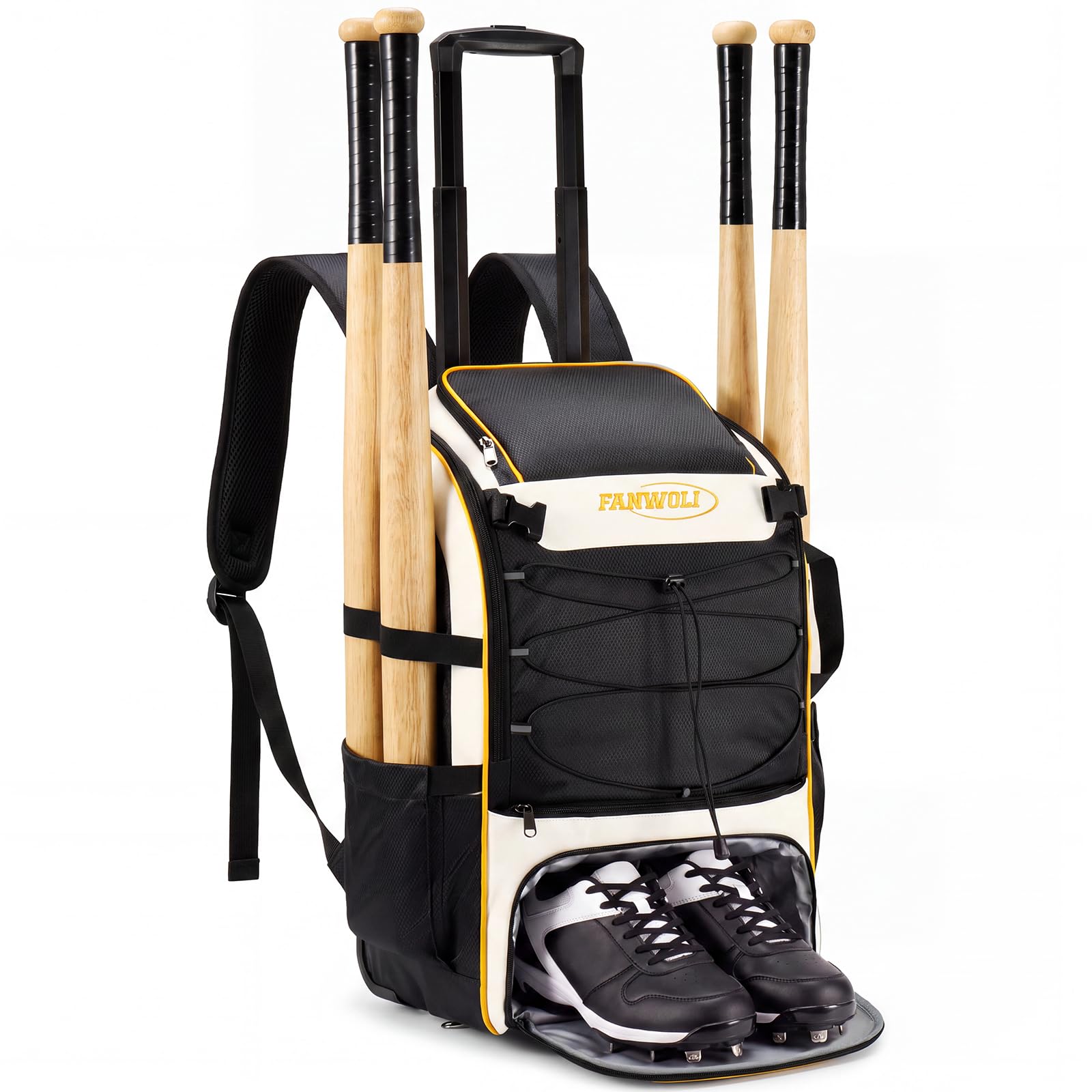 Rolling Baseball Backpack for Youth, 4-Bat Storage & Shoe Zone