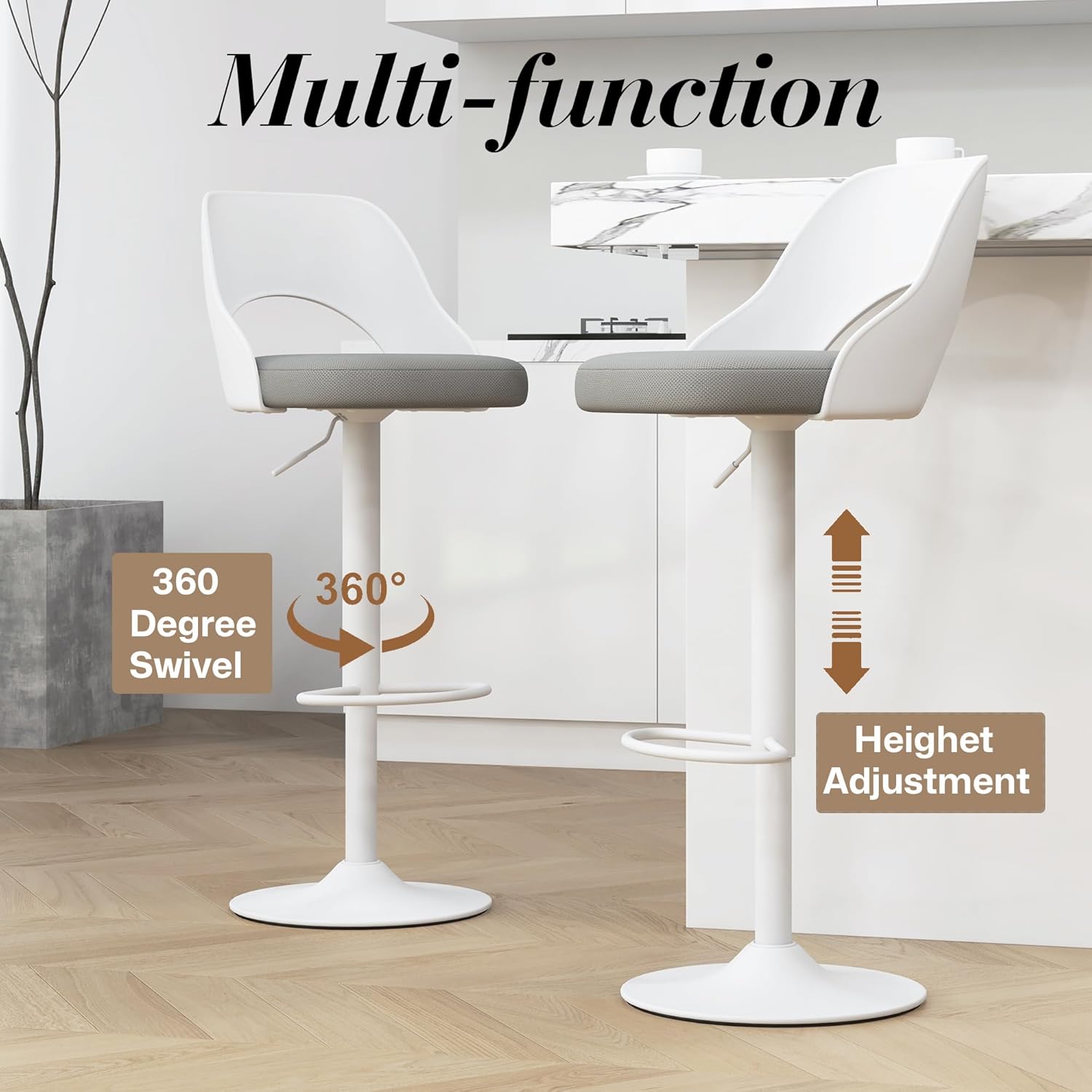 HENGJIANYI Modern Barstools Set of 3, Height Adjustable Swivel Counter Bar Stool with Hollowed-Out White Back, Upholstered Bar Chair with White Metal Base Footrest, Gray Seat