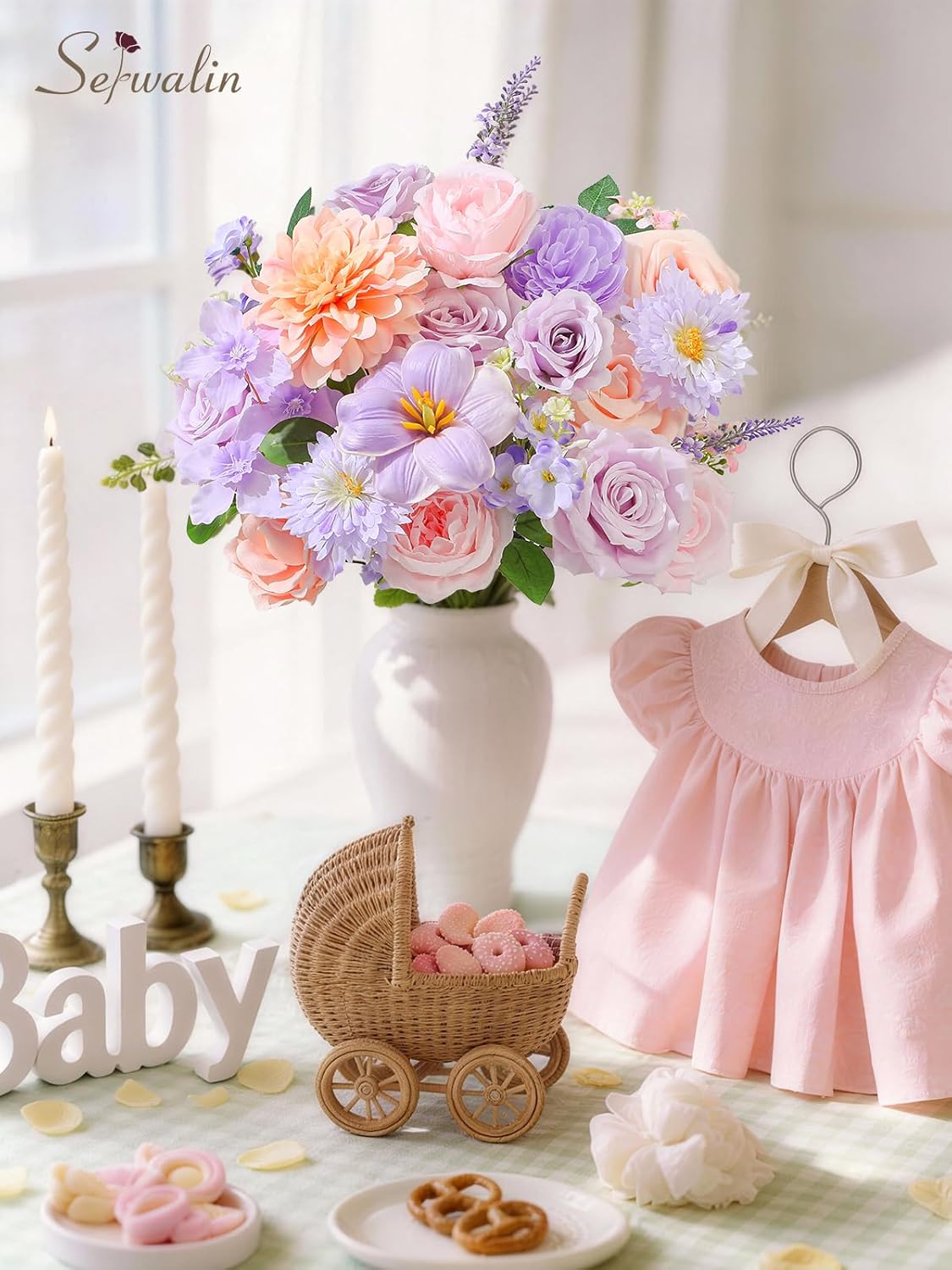 Serwalin Pink Purple Flowers Artificial, Dahlia Silk Fake Flowers, Faux Flowers for DIY Wedding Bouquets Cake Decoration Baby Shower Centerpieces Floral Arrangements Party Decor - Image 6