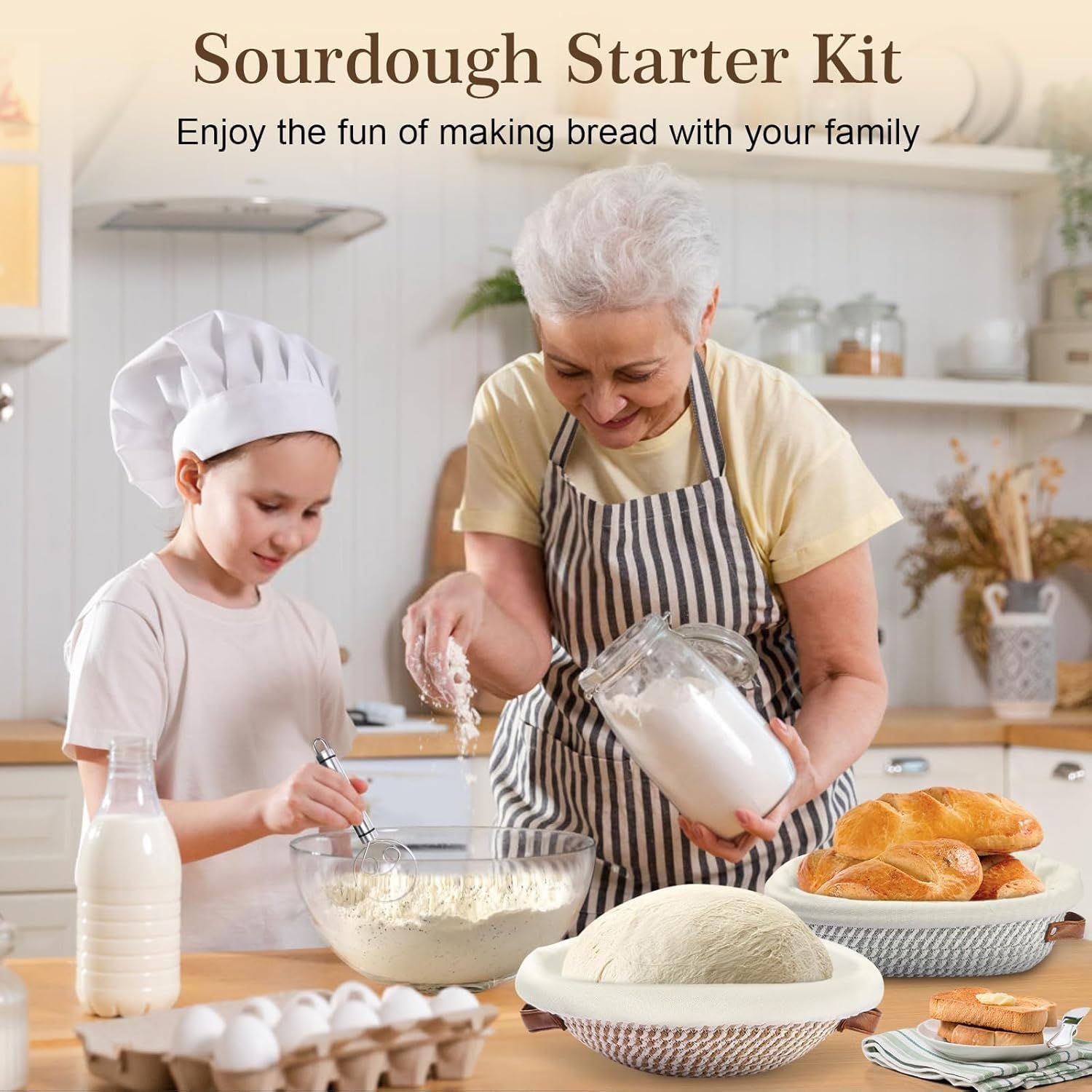 Gärkörbchen Banneton Brotbackzubehör Gärkorb Brot Runde & Oval Kombi Paket, Sauerteig Starter Set für Brot aus Baumwollstricken mit 800ml Gärglas für Anfänger, Bäcke