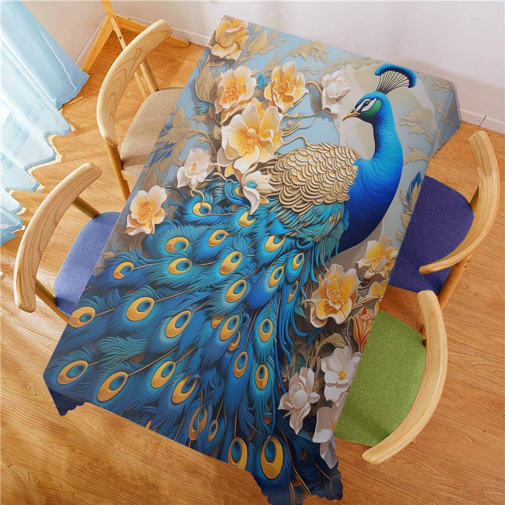 Fantasy Peacock Rectangle Table Cloth, Beautiful Flower Elegant Animal Pattern Tablecloth Waterproof Wrinkle Resistant Table Cover for Kitchen Dining Room Decoration 60Wx84L Inch