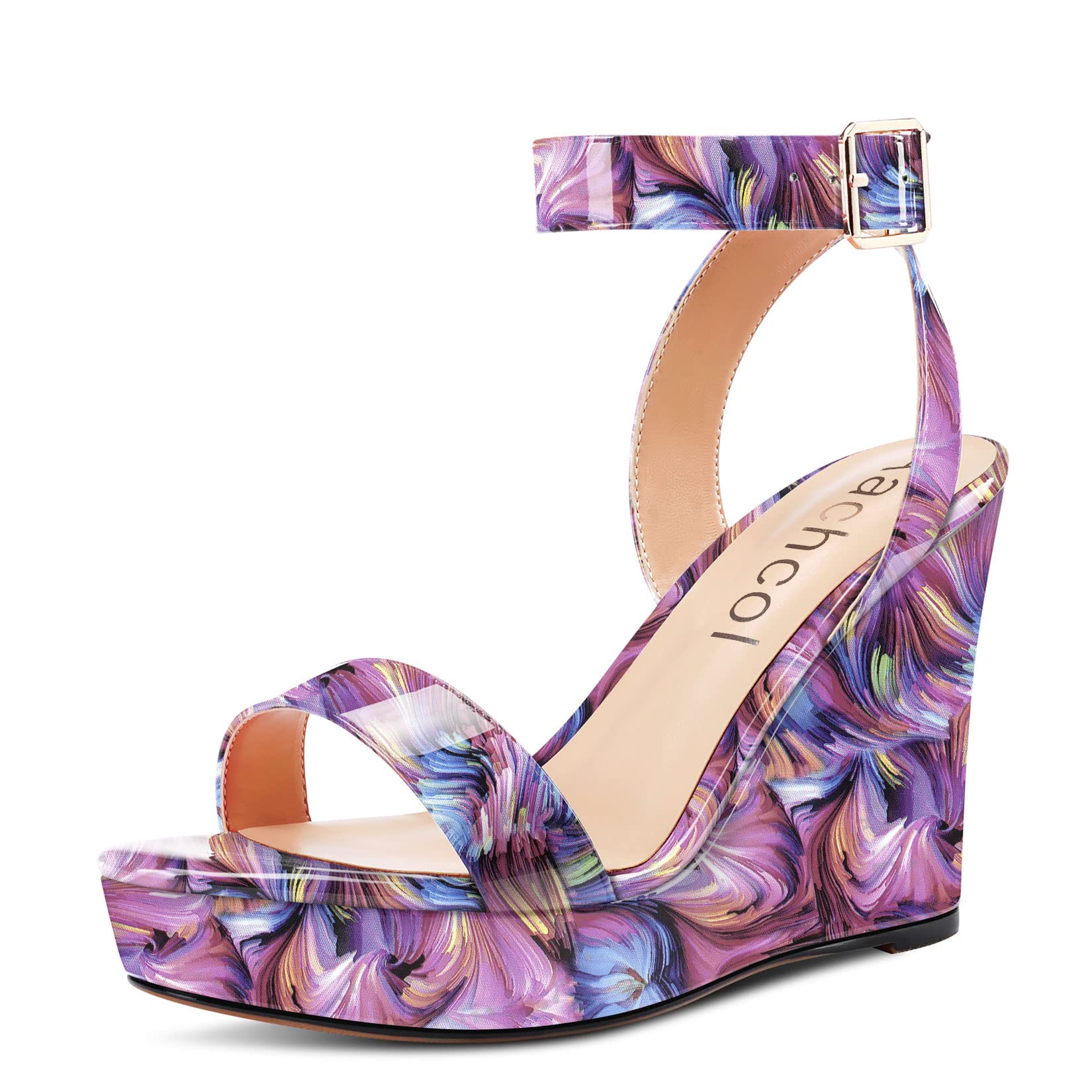 Aachcol Women Platform Wedge Sandals Round Peep Open Toe Ankle Strap Slingback Two-Piece Chunky Block High Heel Dress Shoes Pumps Party Patent 4 Inch