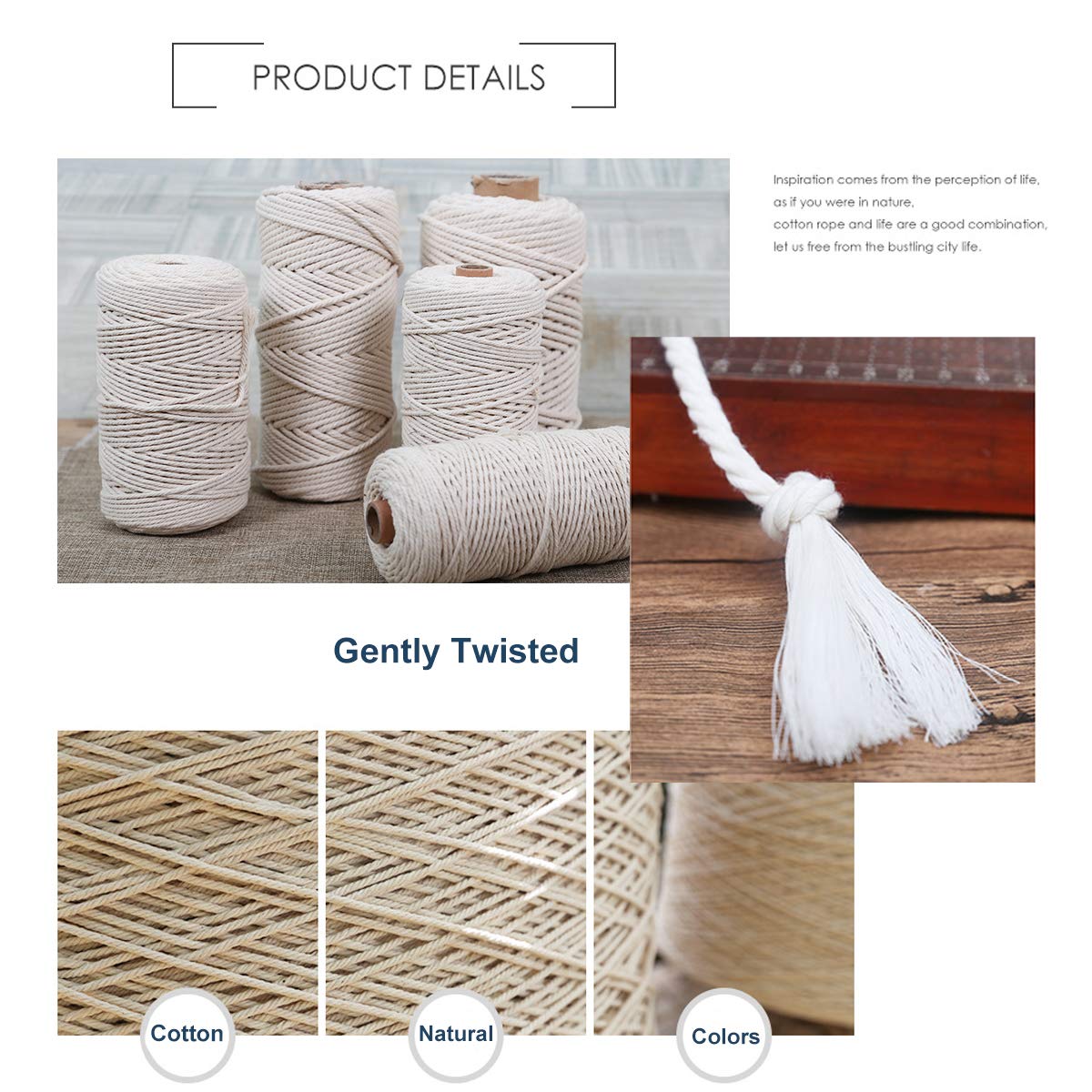 Makramee-Kordel 3 mm 109 Meter beige 1 Packung, natürliches Baumwollseil für farbige Makramee-Stricken, 4 Stränge, gedrehtes Baumwollseil, handgefertigter farbiger Wandbehang, Webteppich
