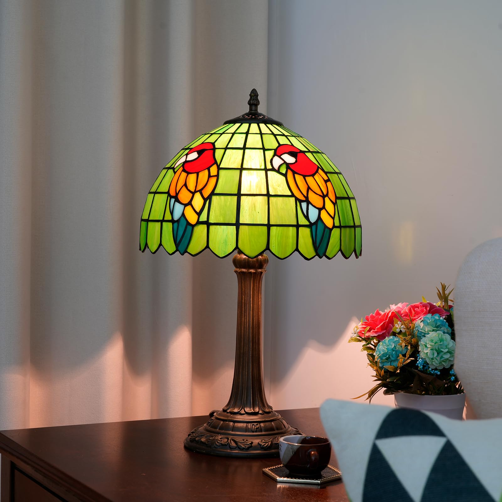Tiffany Lampa Papuga Zielona Sypialnia Lampa Stołowa Witraż Czytanie Lampka Nocna Do Domu Salon Biuro Dormitorium Jadalnia Udekoruj