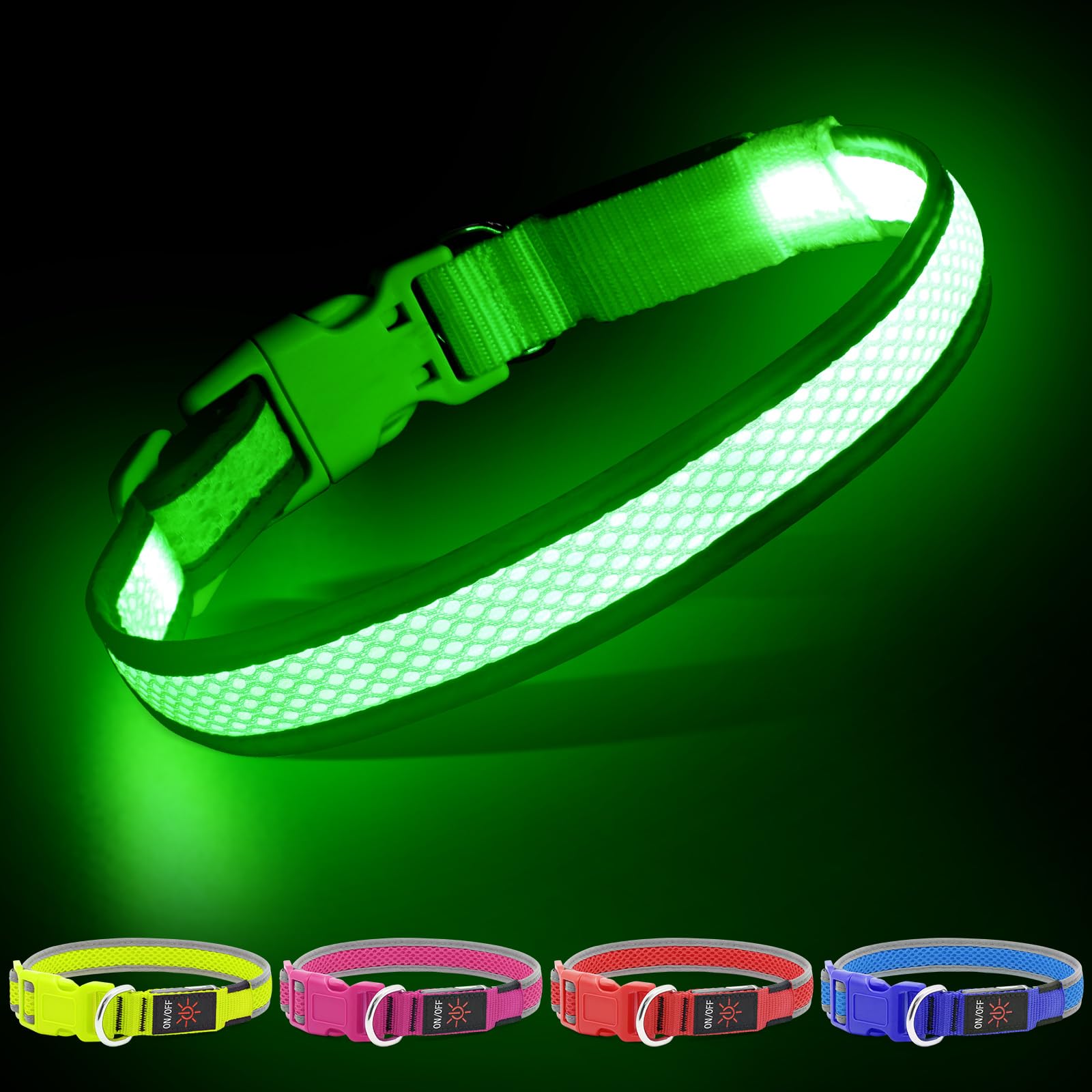YFbrite Light up Dog Collar, USB Rechargeable LED Puppy Collar Super Bright Adjustable Glowing Dog Lights for Night Walking (Green, Large)
