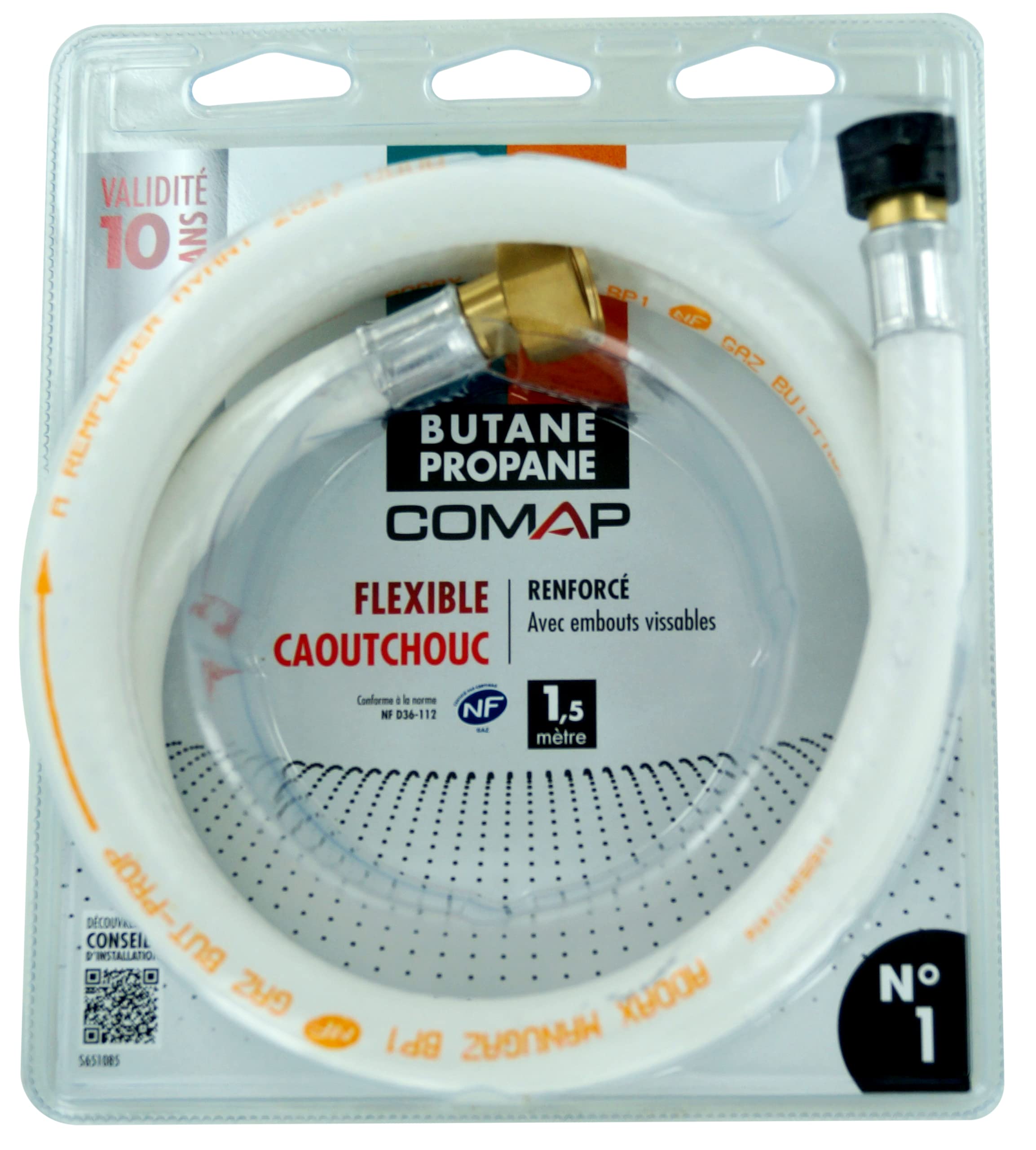 COMAP Flexible de gaz butane/propane caoutchouc - 1,50m - Validité 10 ans - Raccordement à visser - S651085