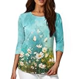 Hinthetall Women's O Neck 3/4 Sleeve T Shirt Casual Basic Tops Blouses Summer Tees Fall Outfits Clothes S-XXL