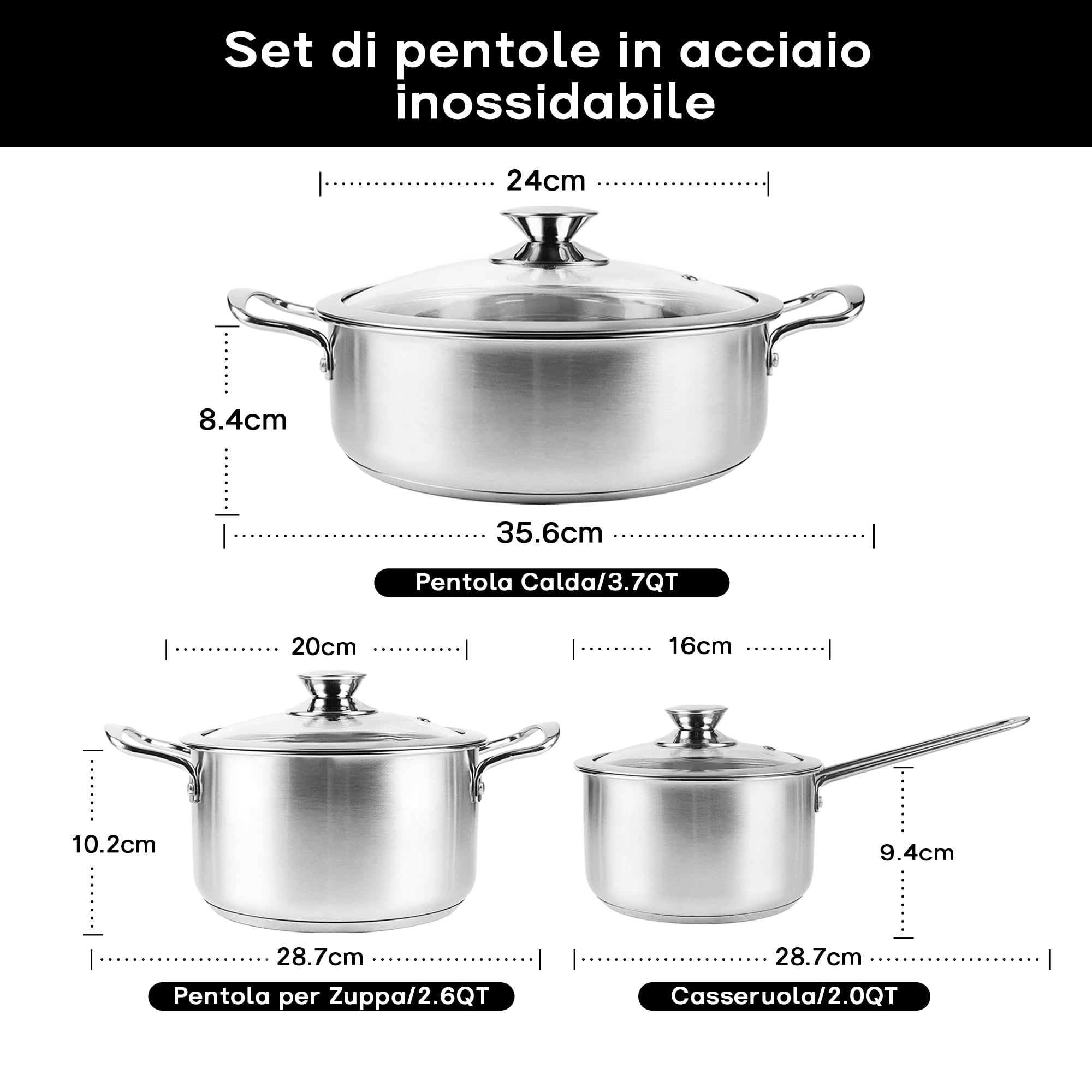 Set di Pentole 6 Pezzi, Pentola in Acciaio Inossidabile, Pentole con Coperchi in Vetro, Set di Pentole Compatibili con Piani Cottura a Induzione, a Gas ed Elettrici