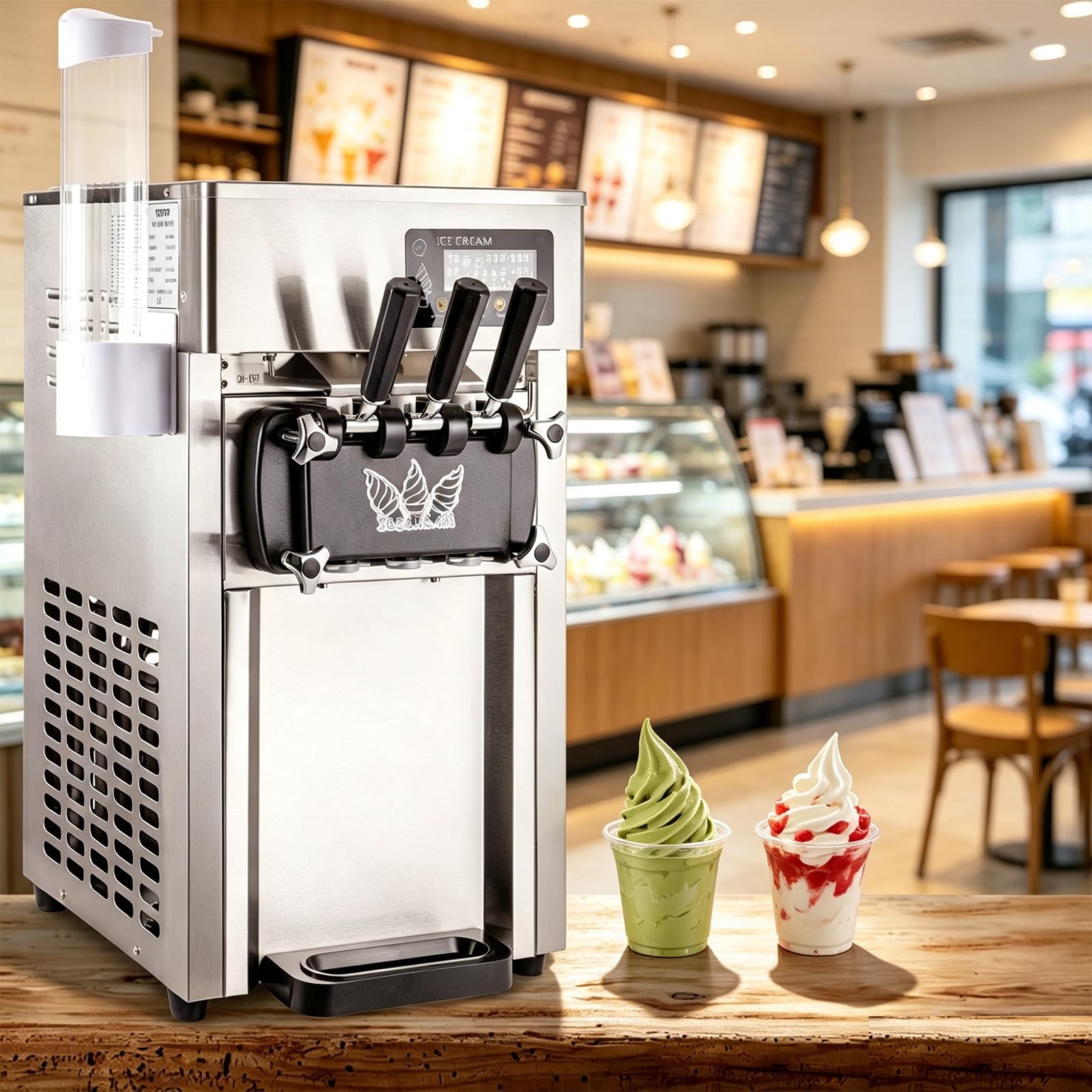 Macchina Gelato Soft, 3 Gusti, 18Litri/H Commerciale Gelatiera Professionale 1200W, Macchina Per Gelato Soft Da Banco Con Pannello LCD Per Bar e Caffetterie