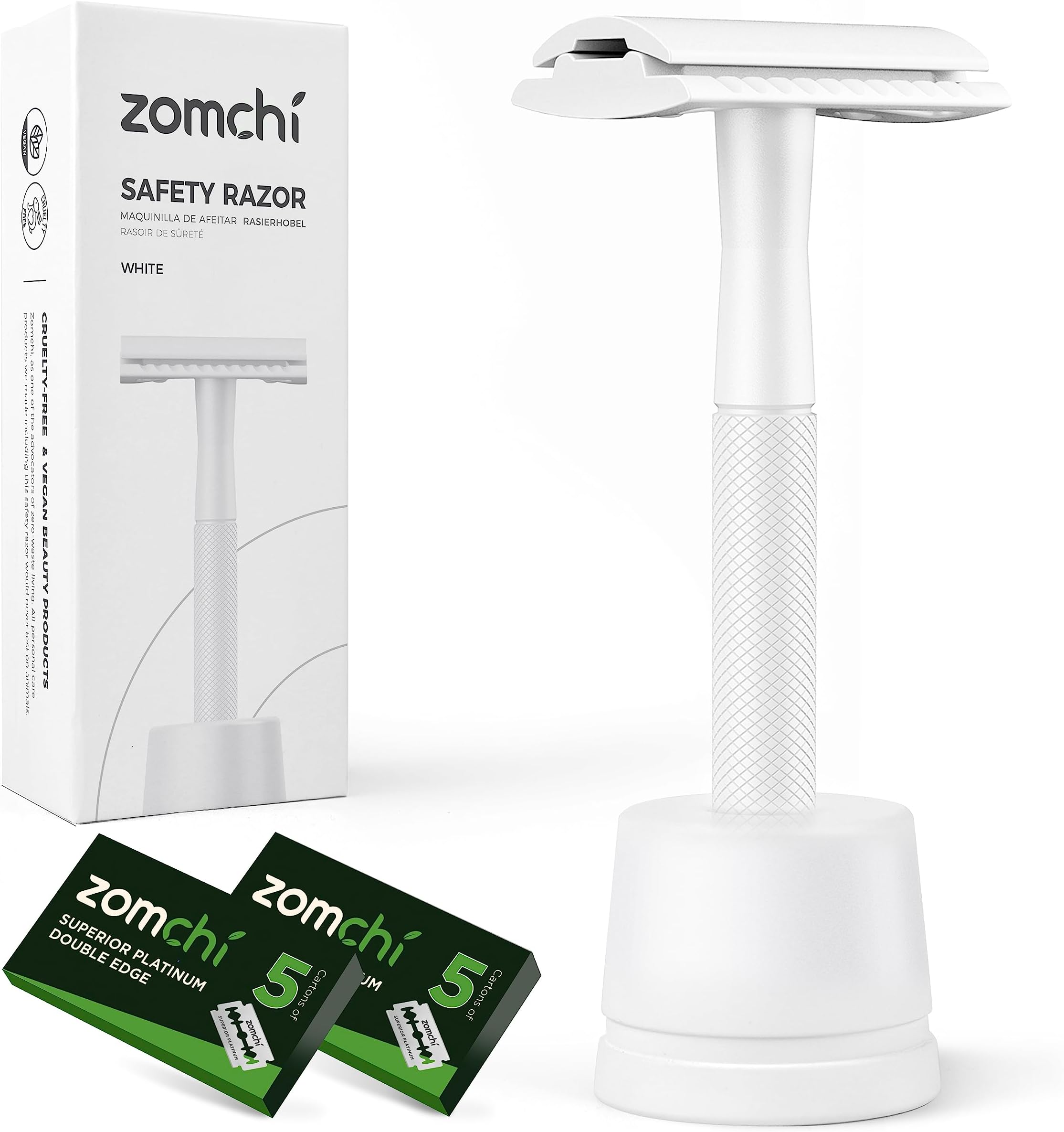 ZOMCHI Double Edge Safety Razor with Stand for Men, Women Razor with 10 Double Edge Safety Razor Blades, Plastic Free Metal Razor โ White