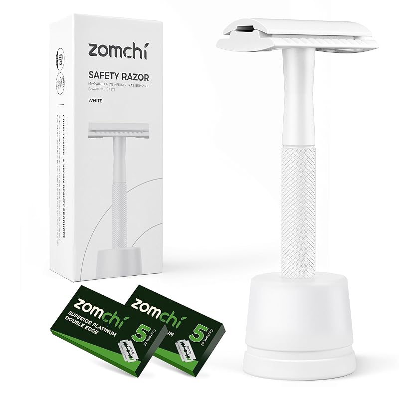 Aparelho de Barbear de Segurança ZOMCHI com Lâmina de Dois Gumes e Suporte, Branco