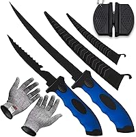 Vista 9 de Juego de cuchillos de filete de pesca, cuchillo de filete profesional de acero inoxidable de 7 pulgadas para peces, con afilador y guantes Rojo