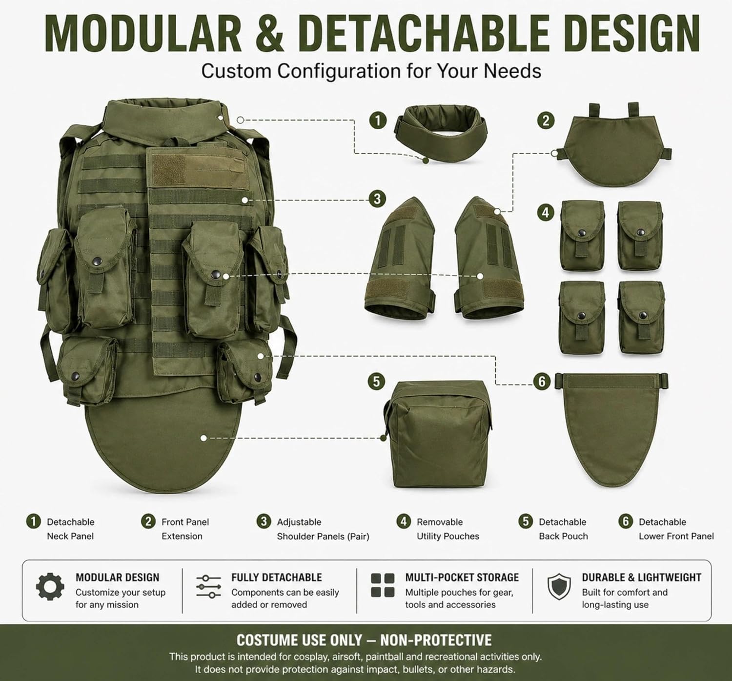 OTA Full Body Airsoft Vest for Paintball & Outdoor Training, Adjustable 600D Utility Vest with Detachable Neck, Shoulder & Groin Panels (Green)