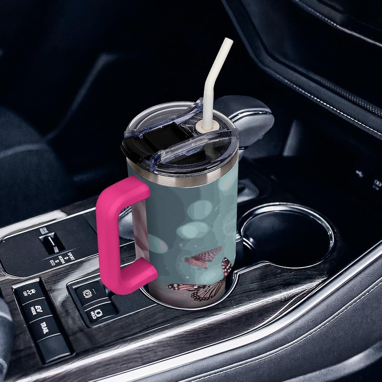 40 Oz Insulated Mug with Handle, Stainless Steel Orchid Flower Butterfly Soft Fresh Spring Printed Travel Mug Portable Leak-proof Large Car Mug for Home, Office Or Car