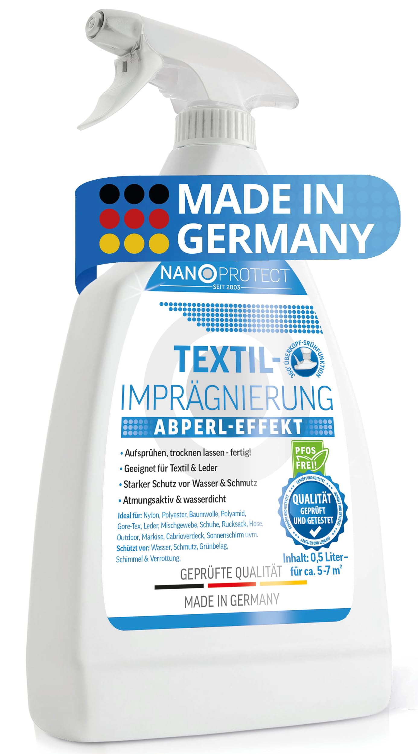 Nanoprotect Textilimprägnierung | High-Tech Imprägnierung und Spray für Textilien | Stark wasserabweisend mit Abperleffekt | Ideal gegen Schmutz und Nässe