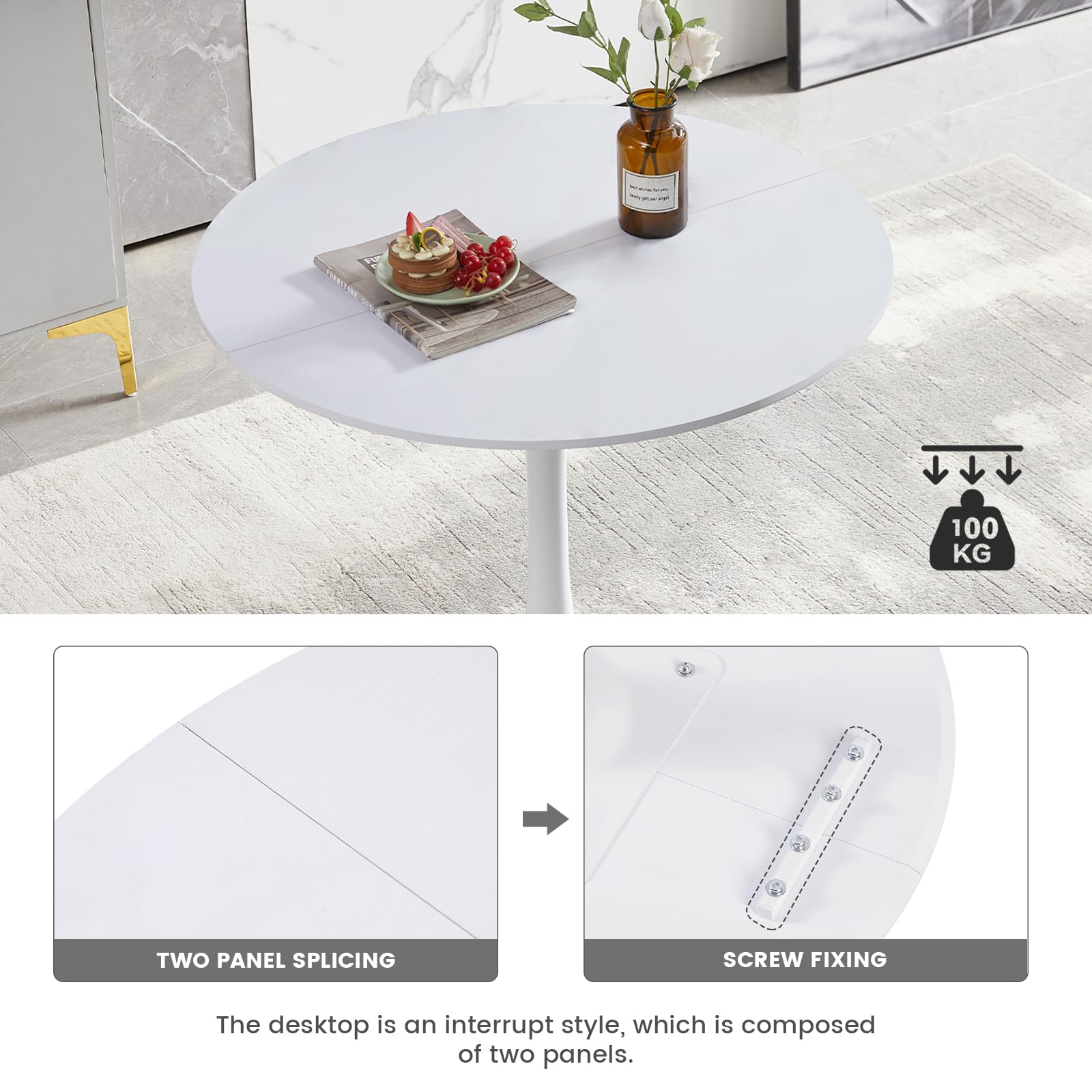 buybyroom Tavolo da pranzo rotondo moderno, Ø - 100 cm, Desktop Interrotto,tavolo da bar, scrivania, adatto per cucina, sala da pranzo, soggiorno e ufficio, per 4 persone, bianco