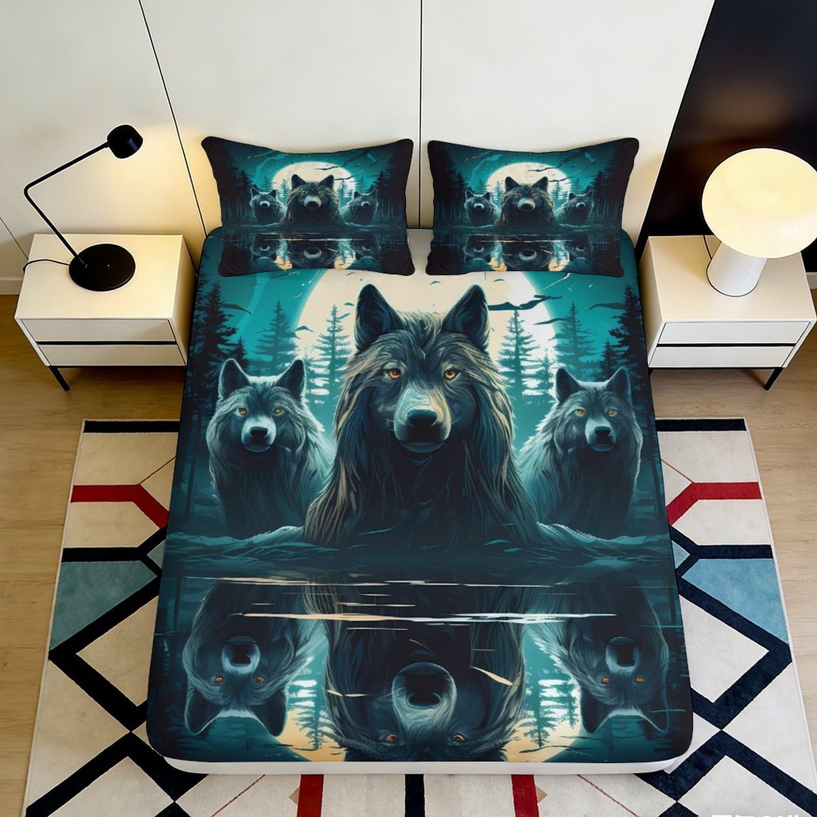 3D Printed Wolf Forest Fitted Sheet Microfiber Soft Anti-Slip Blue Wilderness Bed Cover for Bedroom Dorm Decor 90x200x25cm