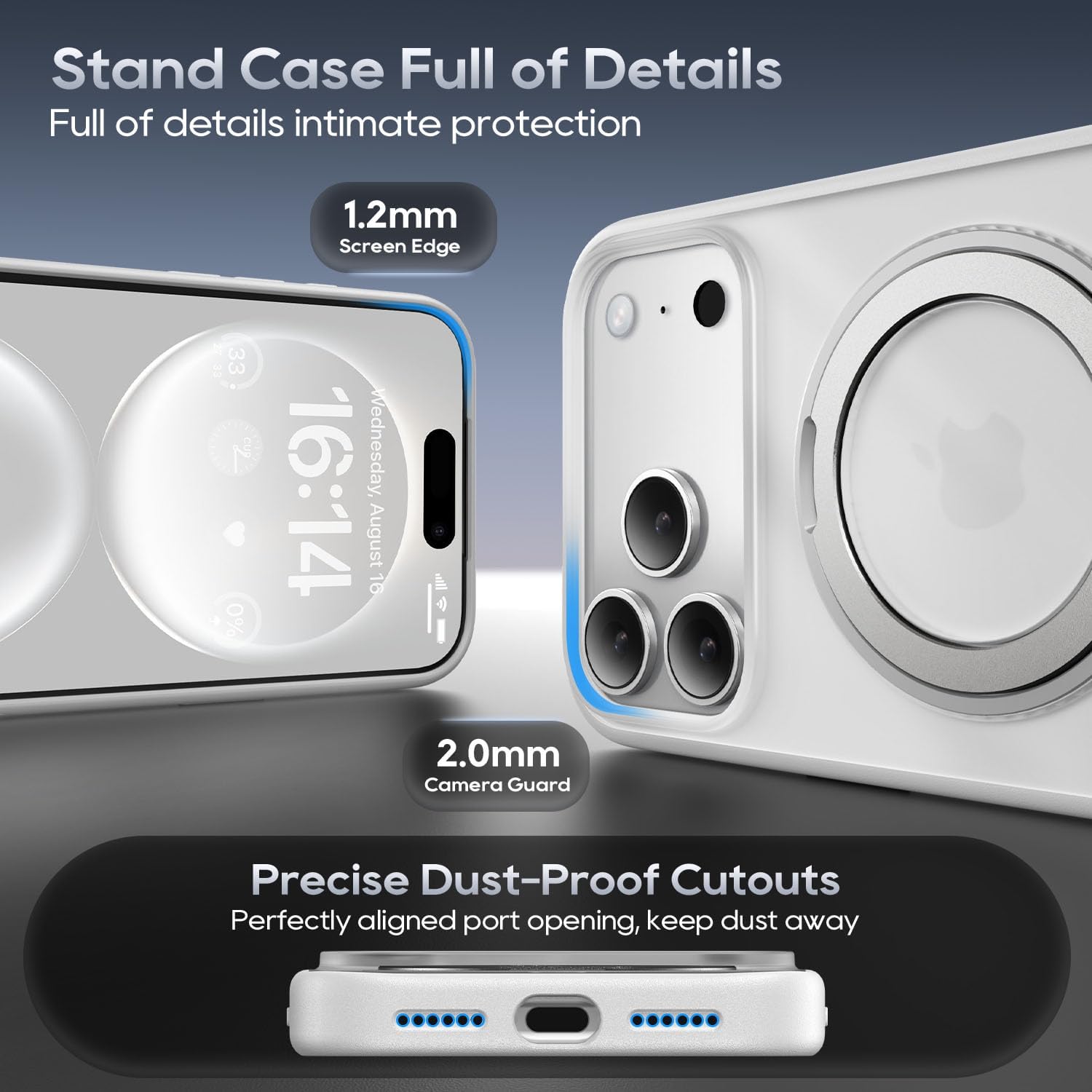 for iPhone 17 Pro Max Case 6.3-Inch with Magnetic 360° Ring Stand Compatible with MagSafe Frosted Matte Shockproof Protective Phone Cover 6.9" 2025, White - Image 6