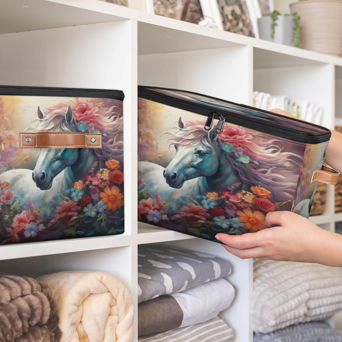Storage Bin Set of 2 Animal Horse Floral Storage Basket with Zipper Lid & Handle Foldable Closet Shelf 2 Pack Cloth Organizer Basket Cube Bins Clothes Organizer for Bedroom, Nursery