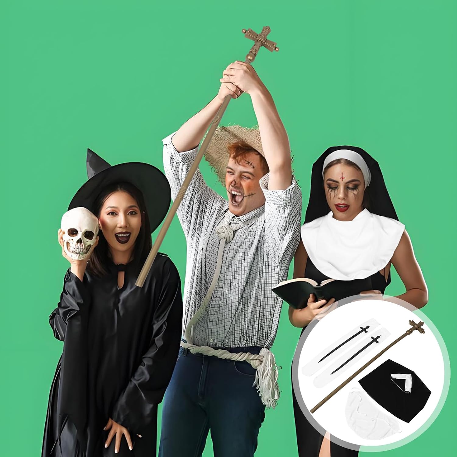 Abaodam Halloween Nun Costume Set for Women 4pcs Cosplay Accessories Including Hat, Collar, Wand, and White Stockings Party Dress Outfit for Masquerade and Halloween Events