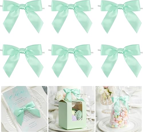 Vista 244 de AIMUDI Lazos giratorios para bolsas de golosinas de 3.5 pulgadas, lazos de satén azul turquesa para manualidades, lazos prefabricados con lazos Azul