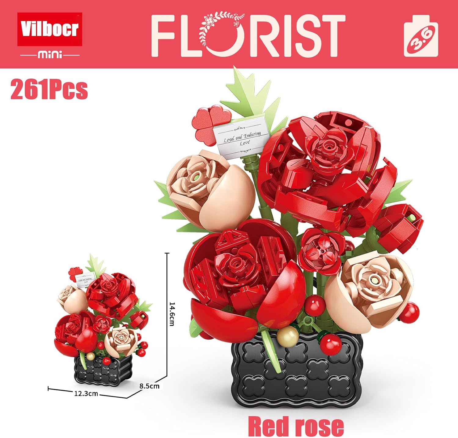 Mini Flower Bouquet Building Set - Creative DIY Tiny Plants & Succulent Toys for Kids Ages 6+, Adults, Girls & Boys | Home Desk Decor, Birthday Gift, STEM Learning (Red Rose)