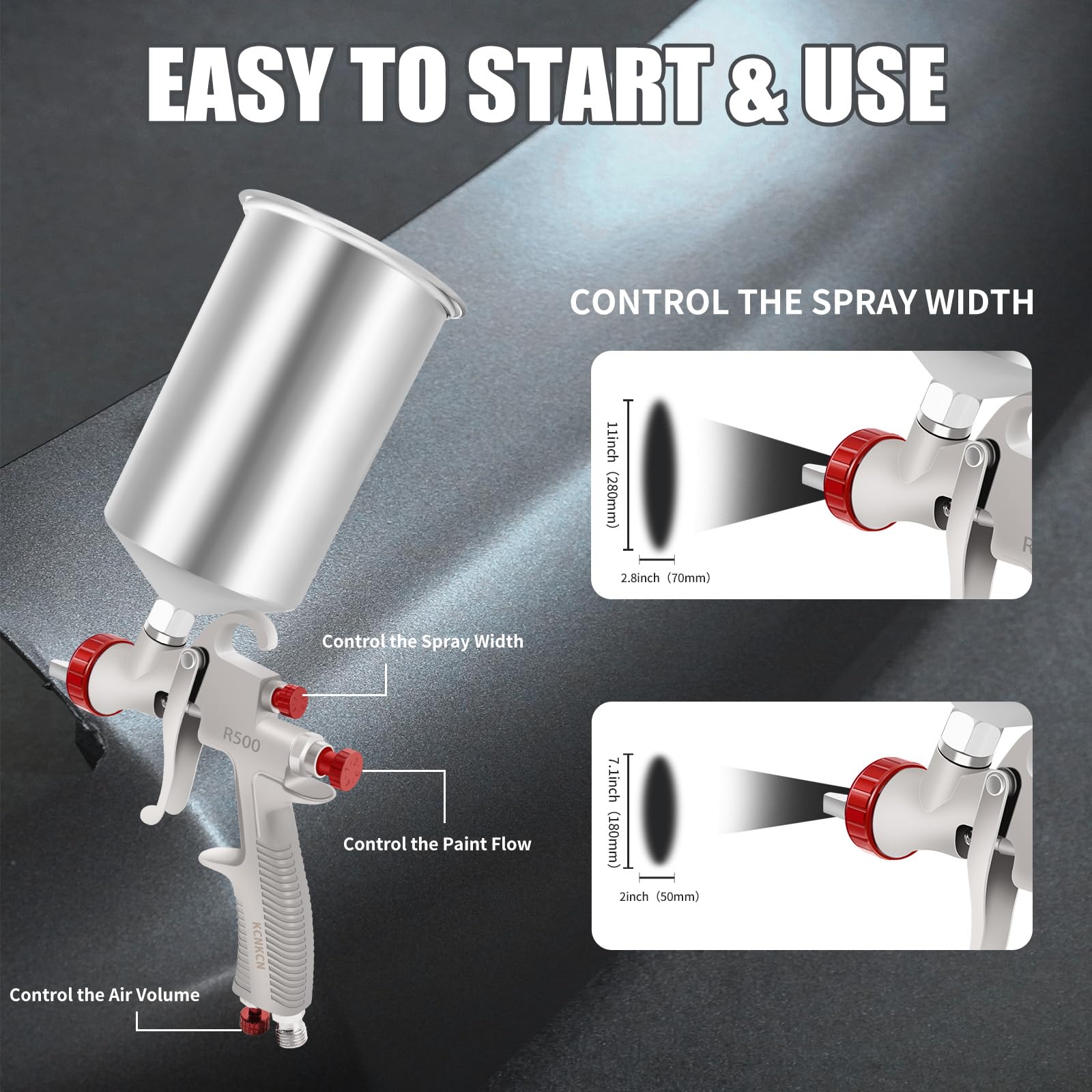 R500 LVLP Luftspritzpistole, Premium-Set mit 1000 cc Aluminiumbecher, einfach zu bedienen, Lackierpistole für Autos und Haus, DIY-Lackierung, 1,3/1,7/2,0 mm Düsen, mit Farbsprühzubehör