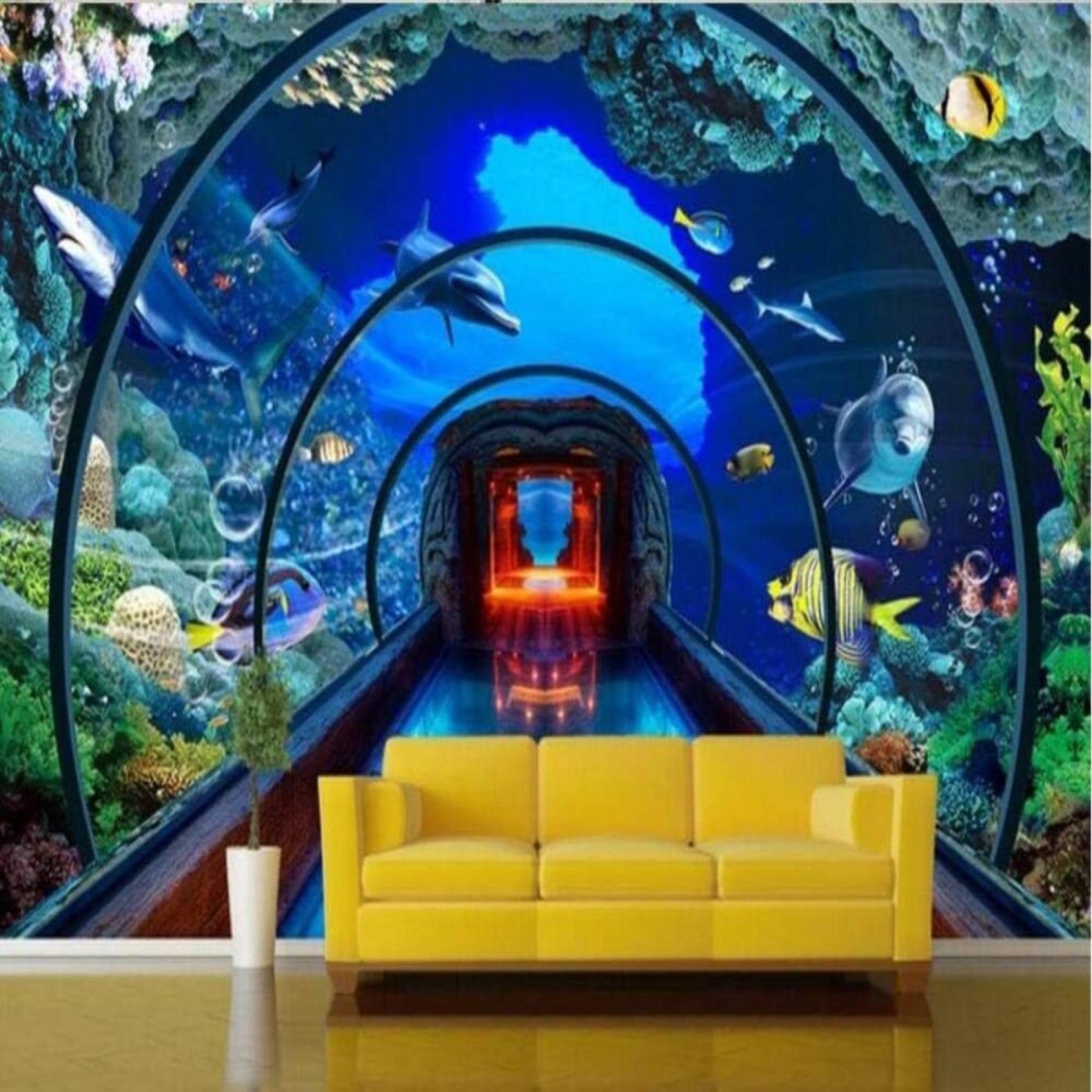 Mundo submarino delfines acuario 3D papel pintado con textura de seda premium para comedor