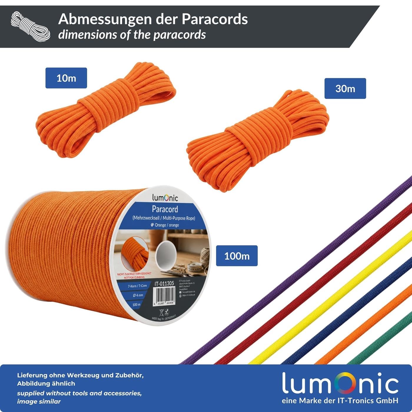 Lumonic 10m Paracord 4mm Amarillo fluorescente | 100% nailon | 7 núcleos, funda de 32 filamentos | Capacidad de carga máx. 250 kg | correa para perro, pulsera, outdoor, bushcraft, cuerda para tienda d
