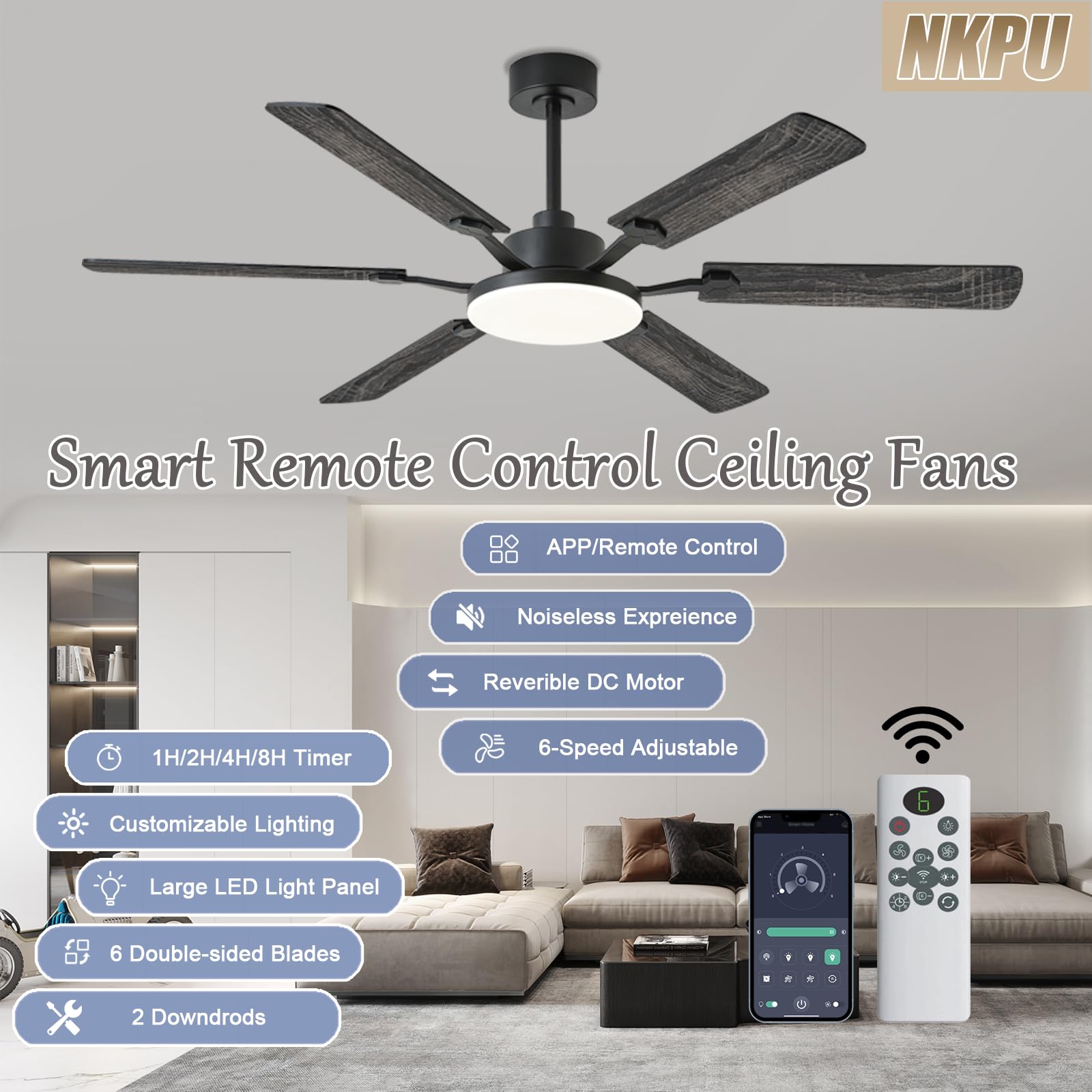 60 Inch Ceiling Fans with Lights Large Modern Black Ceiling Fan with Light and Remote Control 6 Double — view 2