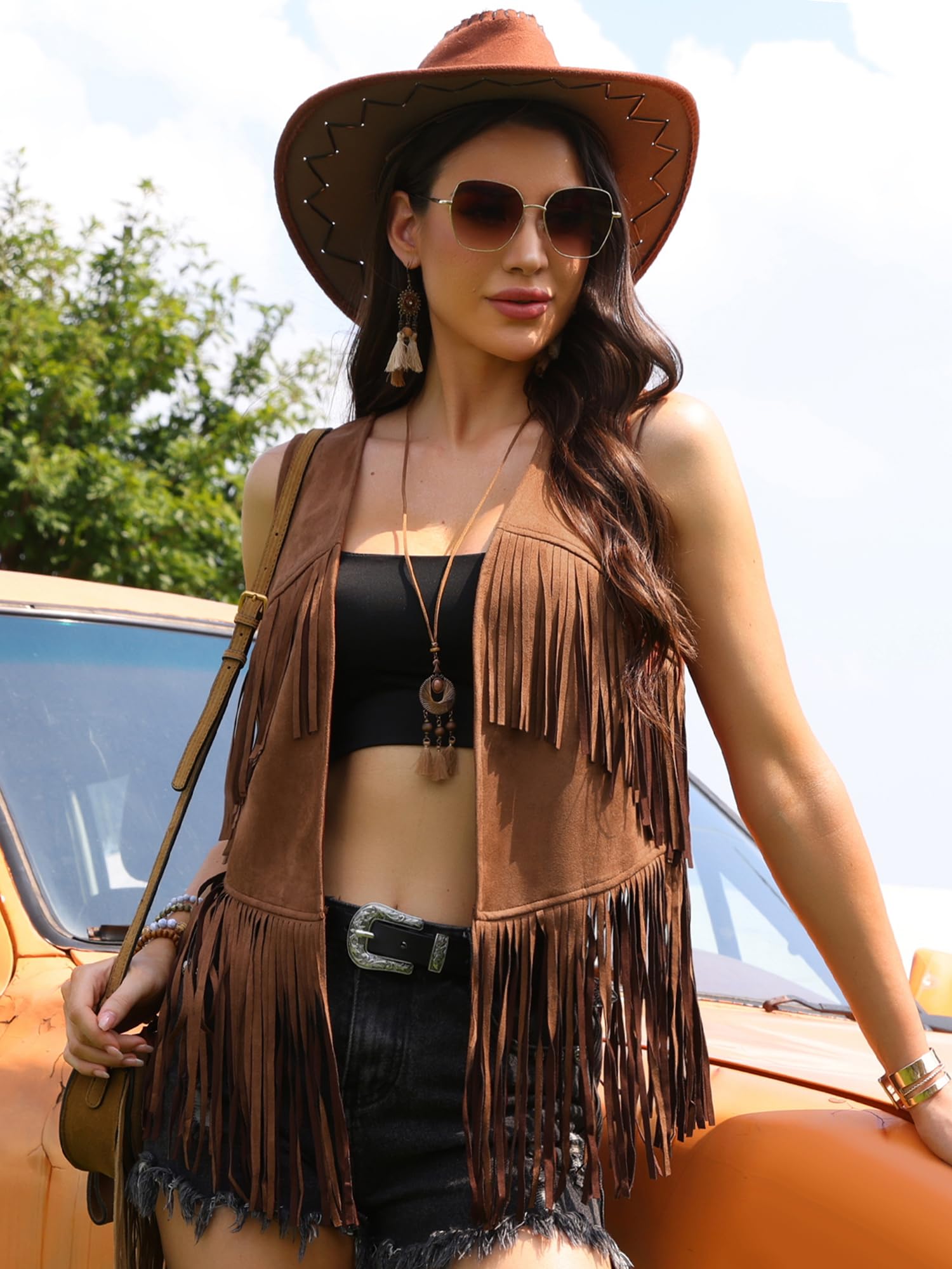 Allegra K Gilet con Frange per Donna Costume in Finta Pelle Scamosciata Nappa Senza Maniche Abiti Country Western