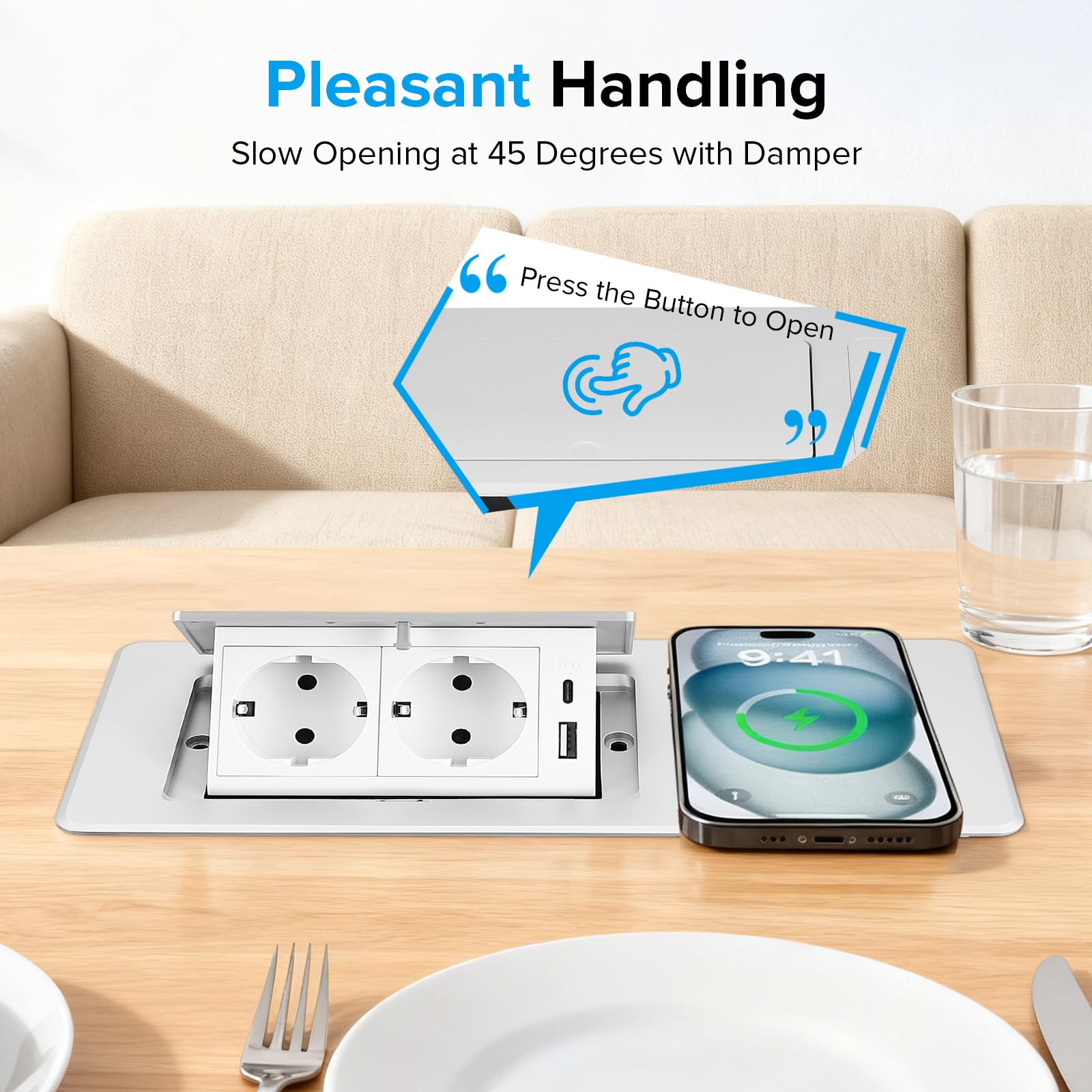 Prise escamotable avec PD20W USB-C et Charge sans Fil 15W, Multiprise encastrable 2 Prises pour Bureau, Cuisine, Table de réunion – Boîtier en Aluminium avec Ouverture Douce – Câble 1,8m