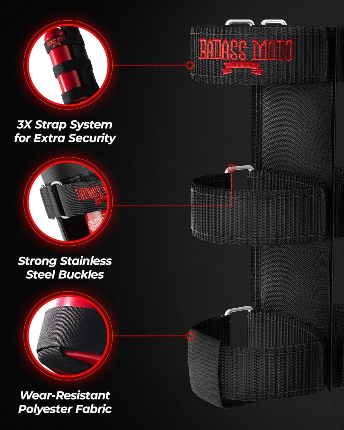 Badass Moto Fire Extinguisher Mount for Jeep - Roll Cage Holder, Adjustable for Wrangler JL, JK, JKU, TJ, CJ, Gladiator & Bronco, Fits Through 2026, No Drill, Off Road - Jeep/Bronco, Red