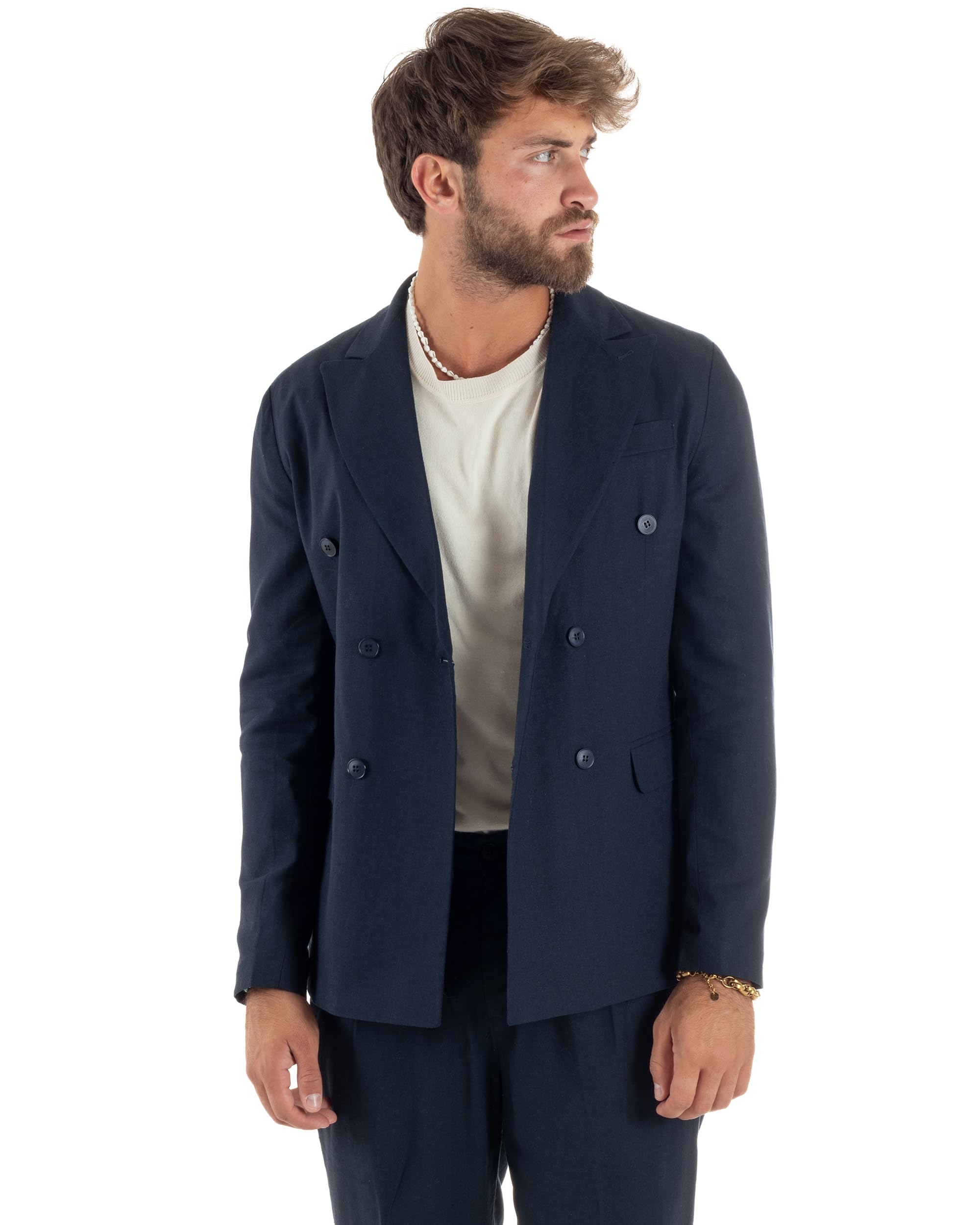 Abito Uomo Lino Elegante Sartoriale Giacca Doppiopetto Pantalone Classico Tinta Unita Vari Colori