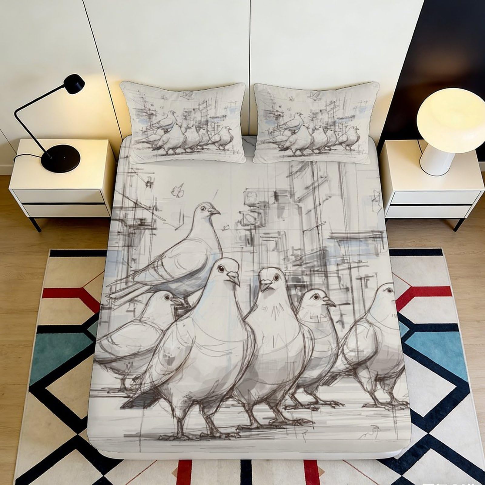 3D Printed Pigeon Sketch Fitted Sheet Microfiber Urban Bird Art Bed Cover for Bedroom Dorm Easy Care 90x200x25cm