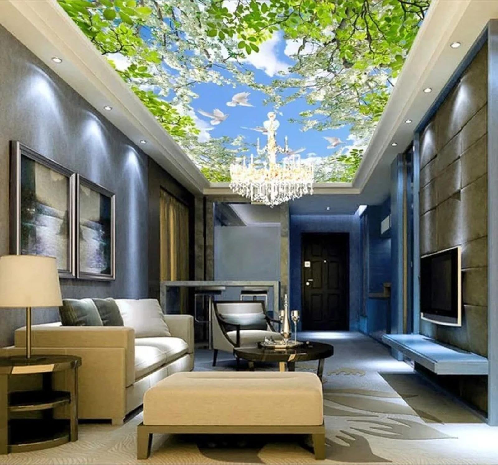 Xlming 400Cm×280Cm(B×H) Fresh Blue Sky White Clouds White Doves Green Leaves 3D Wallpaper Luxury Home Dining Decor Paste Sofa Living Room The Wall For Bedroom Mural-400Cm×280Cm