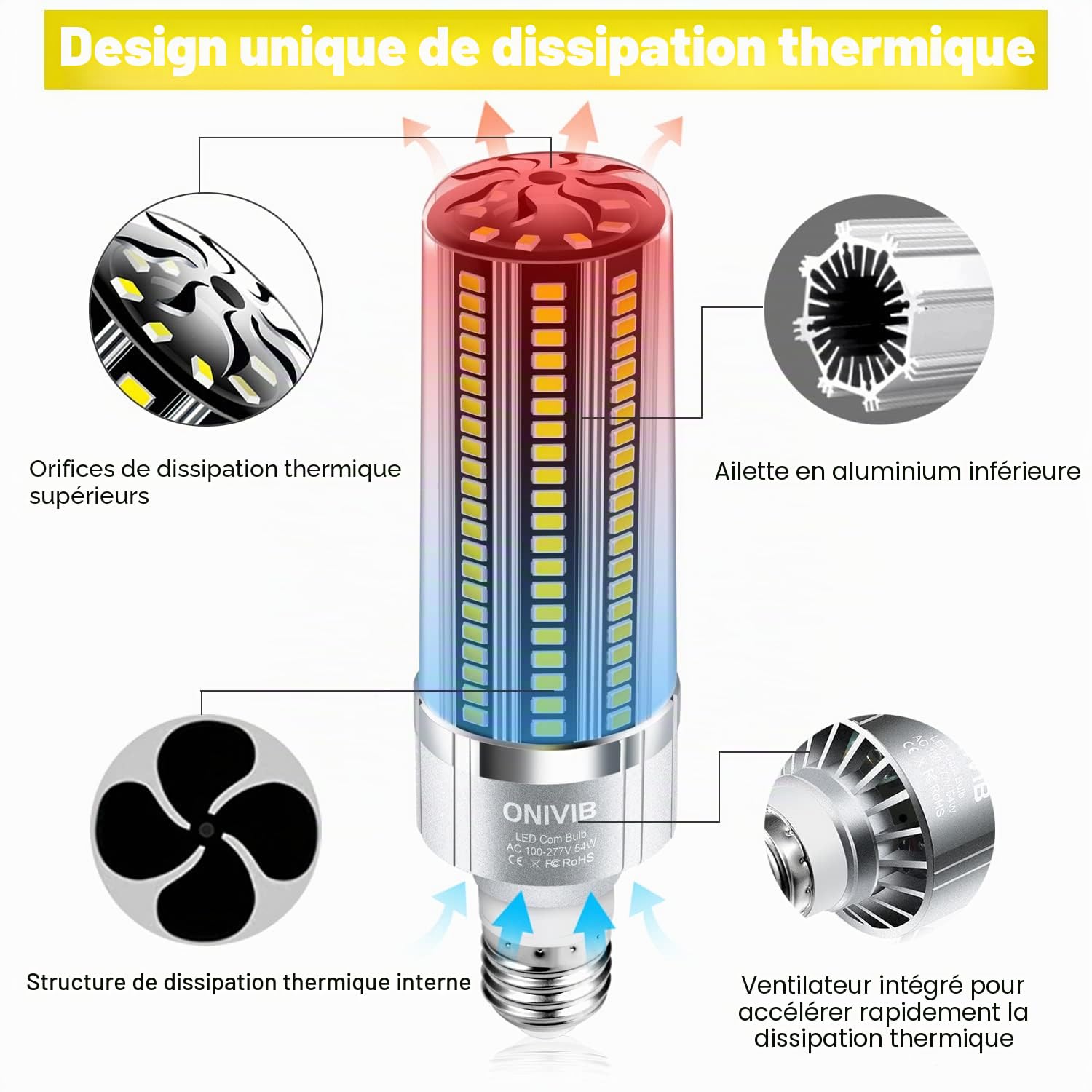 54W Ampoule À MAÏS À LED, 6400 Lumens équivalent 800W, 6500K Blanc froid Lumière du Jour, Ampoules Maïs Lampe LED, E27 /E40 Base, pour l'éclairage Commercial, Garage, Entrepôt, Usine