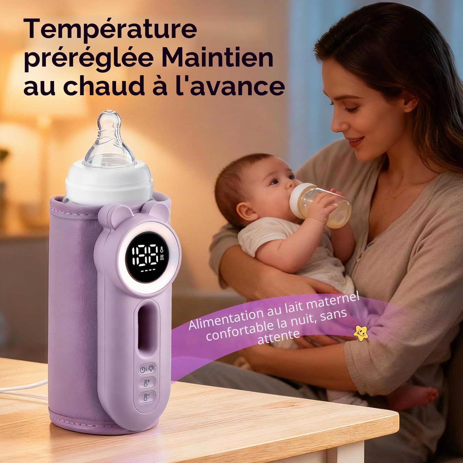 Chauffe Biberon Nomade, Chauffe-biberon Sans Fil USB, Écran LED Visibilité Nocturne, 8 Niveaux de Température 38-50°C, Chauffe-biberon Électrique 8000mAh, 24 Heures d'isolation pour Voiture et Voyage