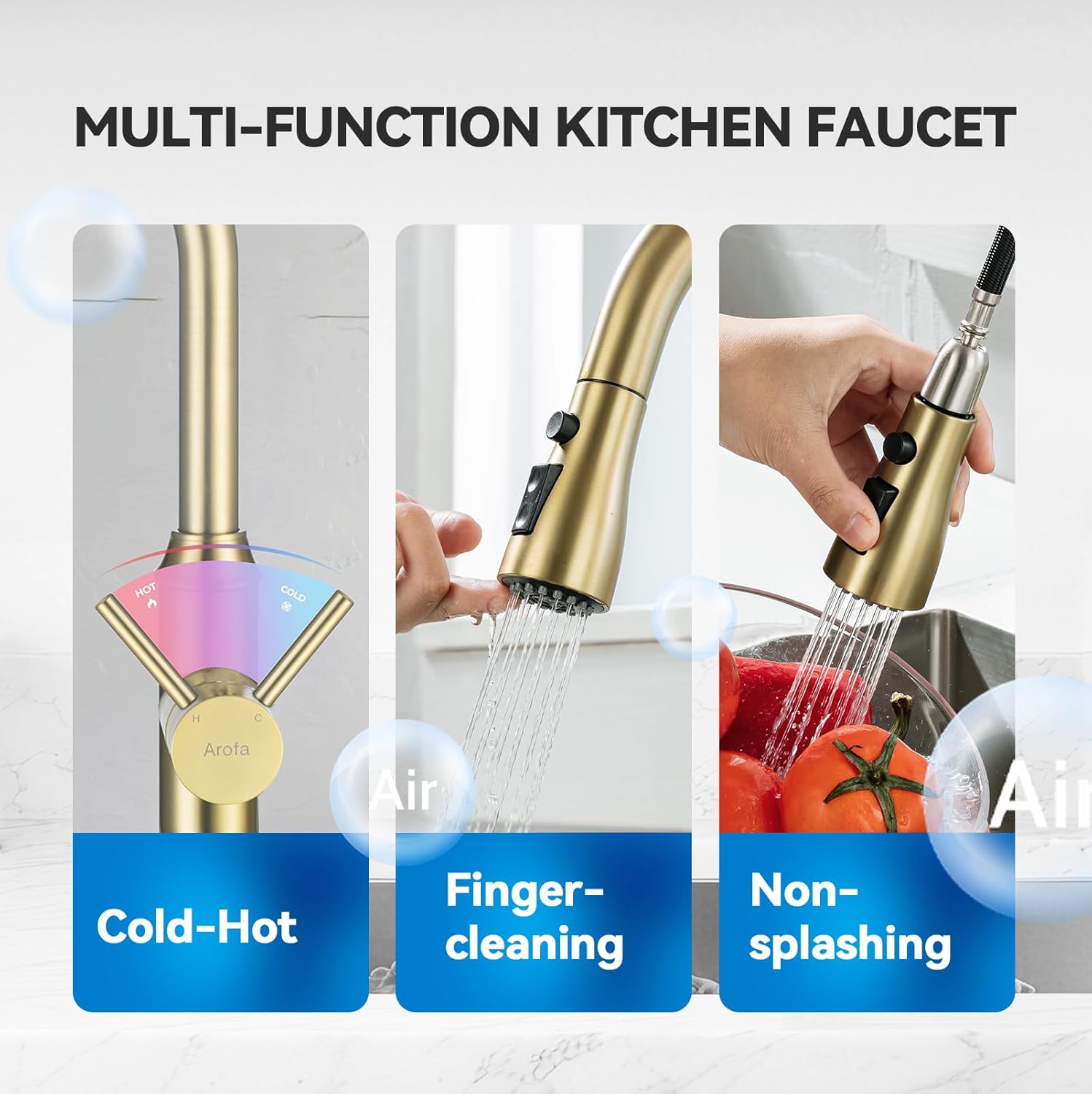 Gold Kitchen Faucet with Sprayer,Single Handle Kitchen Sink Faucet with Pull Out Sprayer, Champagne Bronze, Arofa Brushed Gold Brass Faucets for RV/Outdoor/Bathroom Sink