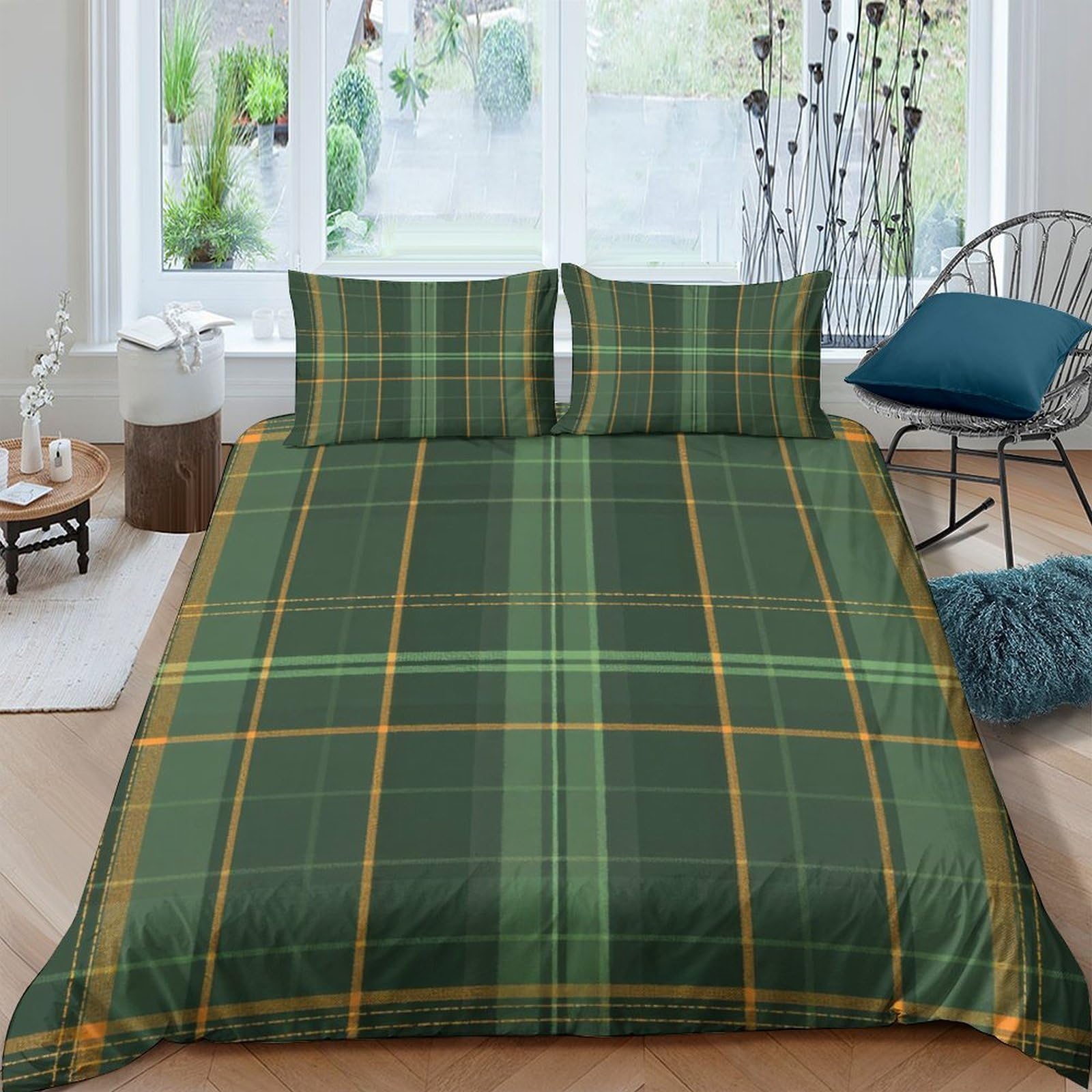 P5V6M1Q9 3D Printed Green Plaid Duvet Cover Microfiber Soft Breathable Tartan Quilt Cover Set with 2 Pillowcases for Bedroom Decor Single（135x200cm）