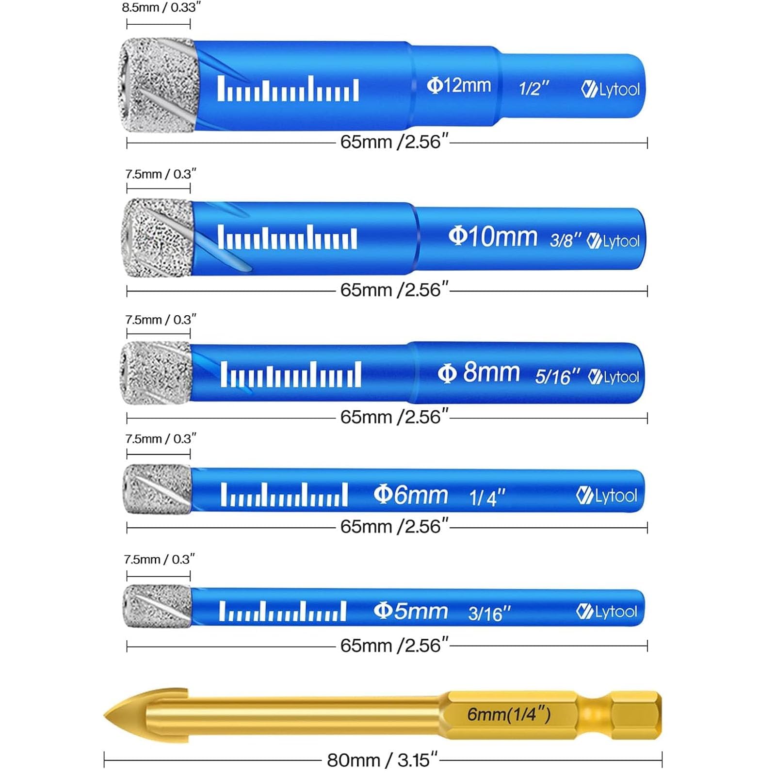 Tile Drill Diamond Drill Glass Drill Bit Set of 6 for Ceramic Granite, Glass, Porcelain, Tiles, Hard Tiles - Image 2
