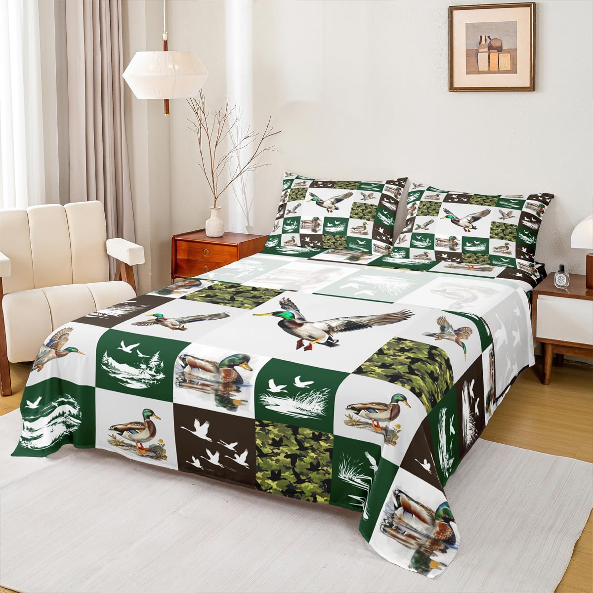 Homewish Mallard Duck - Juego de ropa de cama doble para niños, juego de sábanas de pato camuflado, sábanas bajeras rústicas de cabaña, 4 piezas