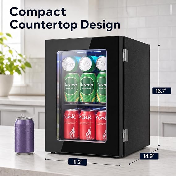COSTWAY 24 Cans Beverage Refrigerator, 18L/0.6 Cu.Ft Countertop Mini Fridge | Quiet Drink Cooler with Touch Panel, 40-61F Thermostat, Tri-Layer Insulated Door and Blue LED Lights for Home Office & Bar
