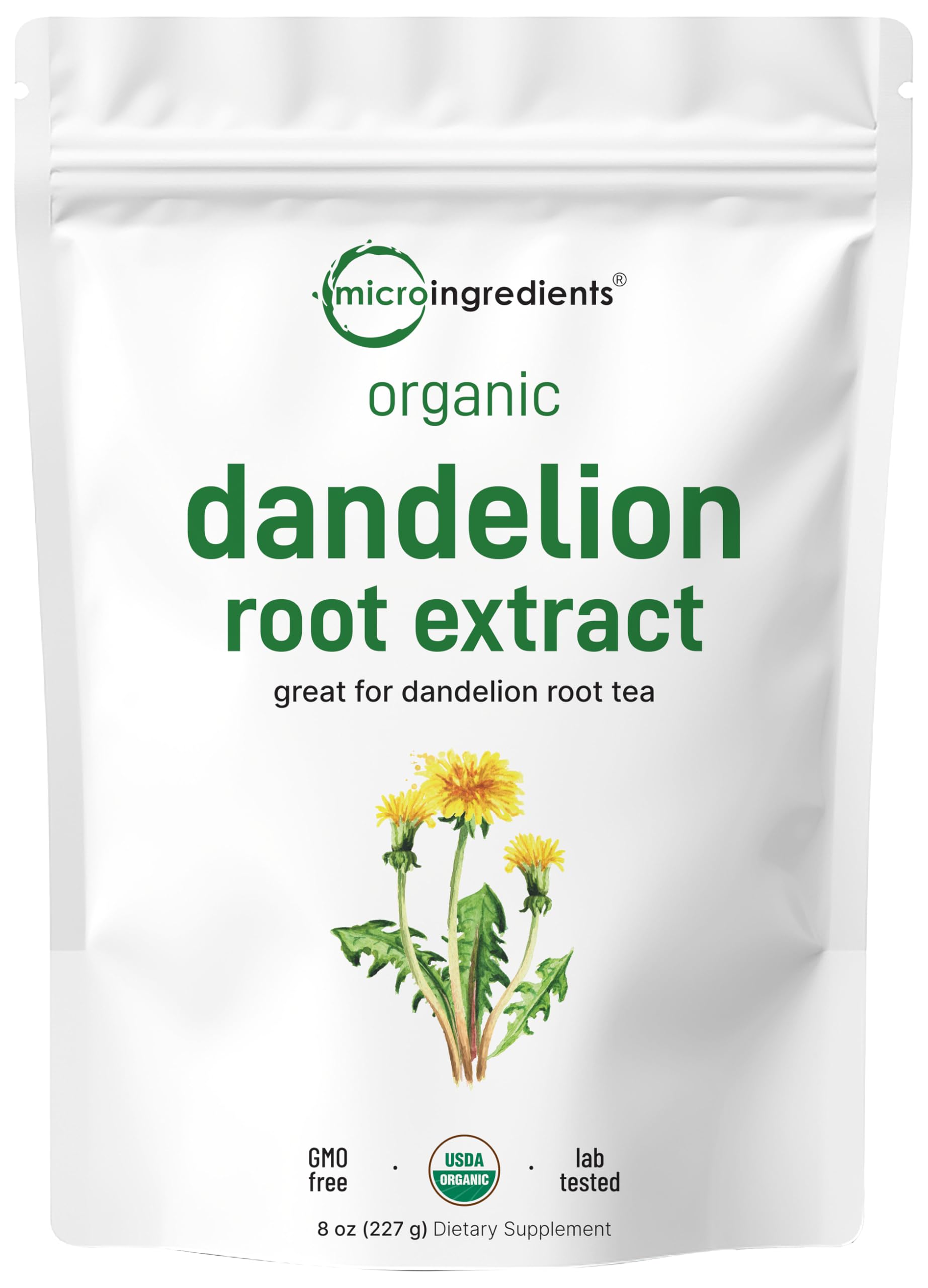 Organic Dandelion Root Tea Powder, 8oz | Up to 220 Servings | Premium Source for Daily Beverage | 100% Pure Dandelion Supplement | Caffeine Free, Non-GMO, No Sugar, Eco-Friendly Recyclable Bags